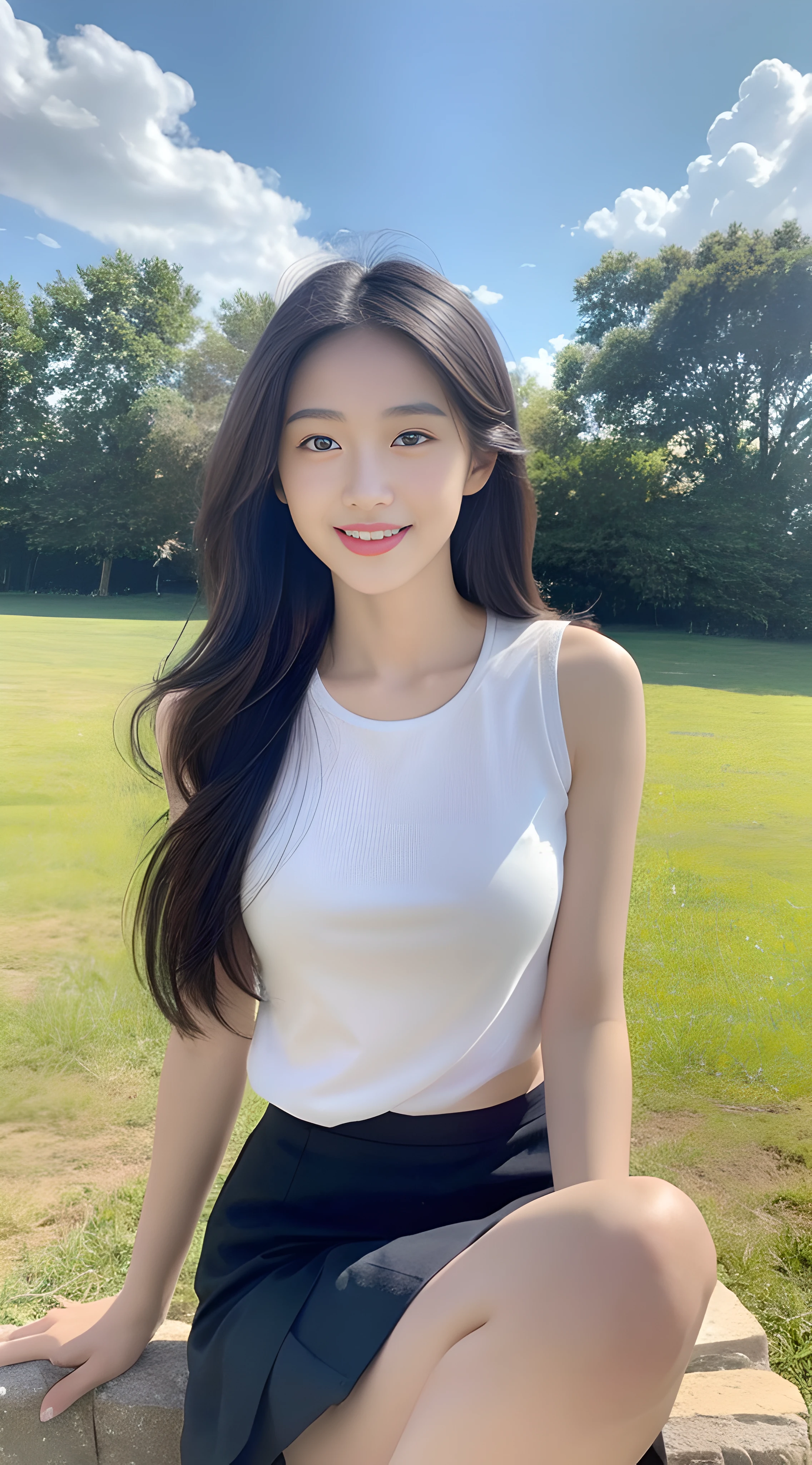 A nice and cute girl,Full body photo,Extremely beautiful and delicate,Black color hair,A sweet smile,Delicate and beautiful fair skin,Realistic and realistic,exquisite and complete facial features,Detailed depiction of the face,tall nose bridge,Smooth hair,extremely detail hair,Feminine temperament,Fill your face light,Tall and tall,Thin,Realiy,Hyper-realism,full body shot shot,Forward tilt angle,Extreme picture quality,Highest precision,Precise and perfect human anatomy。with blue sky and white clouds,Sitting on the Steppe,with blue sky and white clouds,rays of sunshine,cattle and sheep,(short skirt)Panties are clearly visible. telephoto shot,Express the landscape,Highlight portrait。