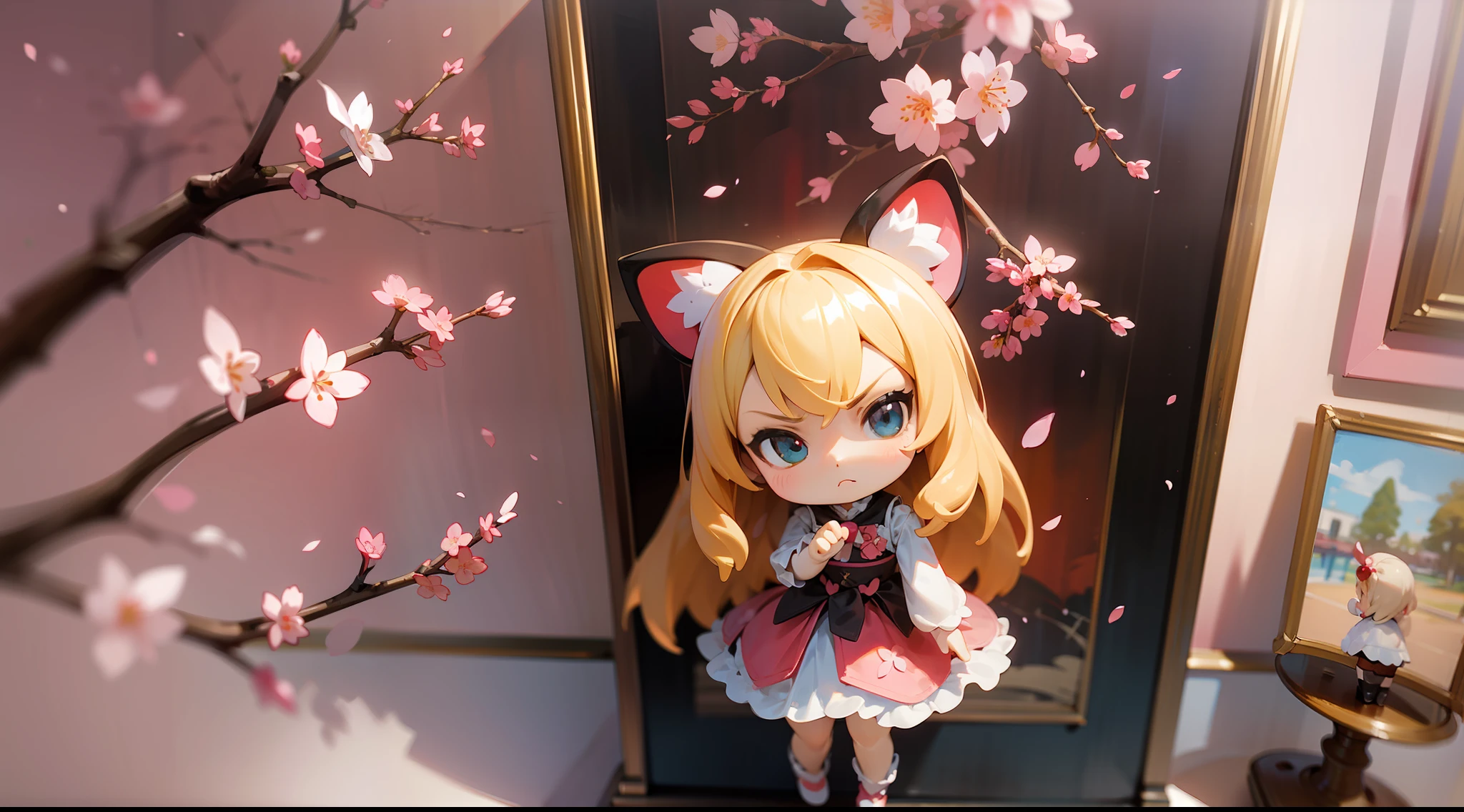 Doll standing in front of the painting, blonde, angry face, Sengai, pixiv, rococo, dolfie dream, watercolor Nendoroid, (high definition figure), flowing cherry colored silk, nendroid, highly_detailed!!, cherry blossom petals, flowing cherry blossom silk, season!!: 🌸 ☀ 🍂 ❄