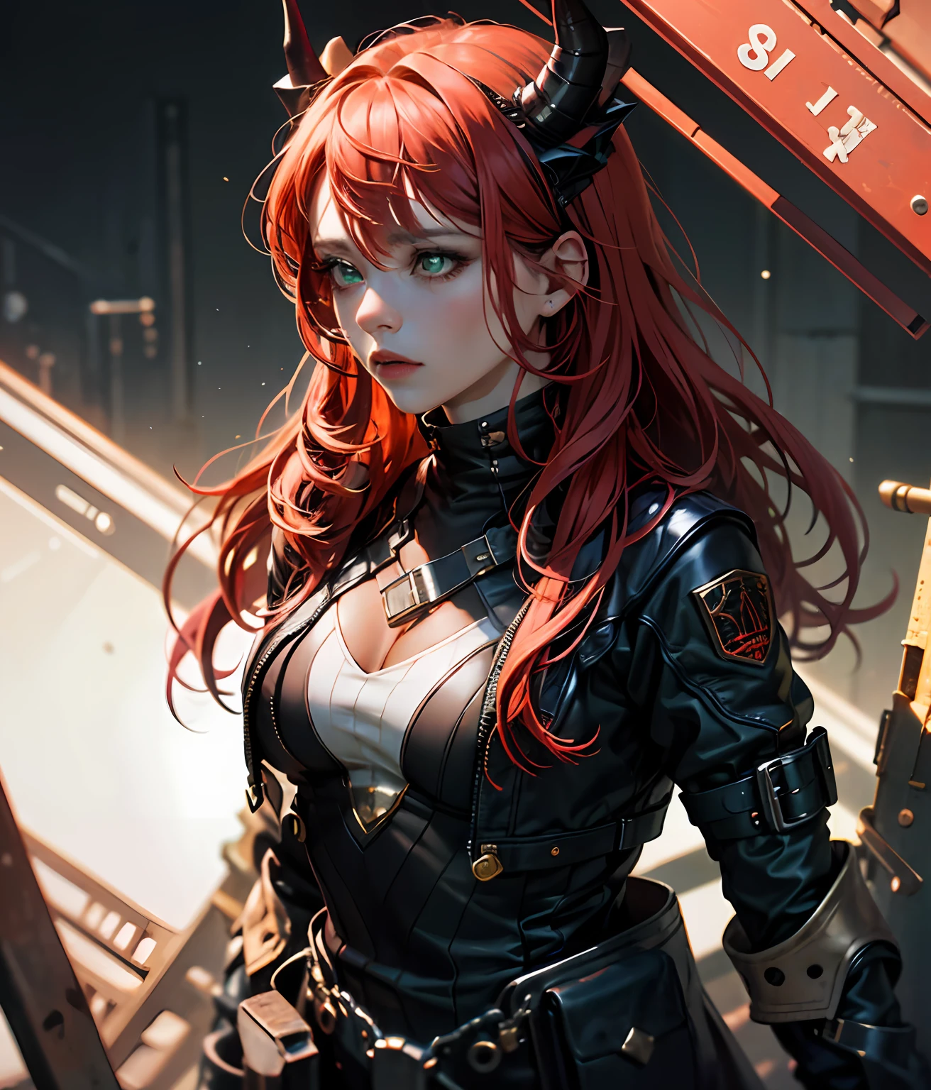 absurdres, highres, ultra detailed, (ultra-detailed background, detailed background), extremly detailed, 1girl, melancholy photo of a red haired demon young female with green eyes and black horns, lace catsuit, desaturated colour, inclement emotions, shot with a Ilford HP5, F/1. 8