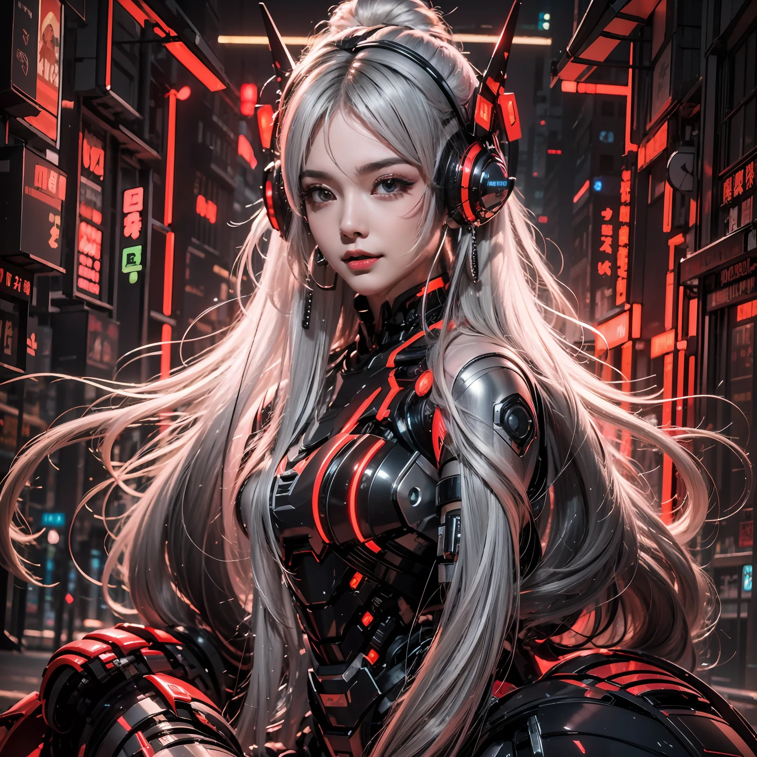 1 rapariga, Chinese_clothes, Metallic black titanium and deep red, Cyberhanfu, on cheongsam, Cyberpunk-city, Details illuminated headphones, luminous hair ornaments, long whitr hair, Luminous earrings,Glowing necklace,a high-tech city, full of machinery and futuristic element, luminous neon lights,red colour,Red light,Black cape,Laser light,Best quality at best,tmasterpiece,8K,Character edge light,hyper-high detail,high qulity,The most beautiful woman in man,ssmile,The face is symmetrical to the left and right facing the front,Ear corner decoration,The long antenna emits light,Ultra-detailed facial texture,cheerfulness,Weapons systems,mechs,Head-mounted light-emitting antenna,Deep eyes,Maiden sitting