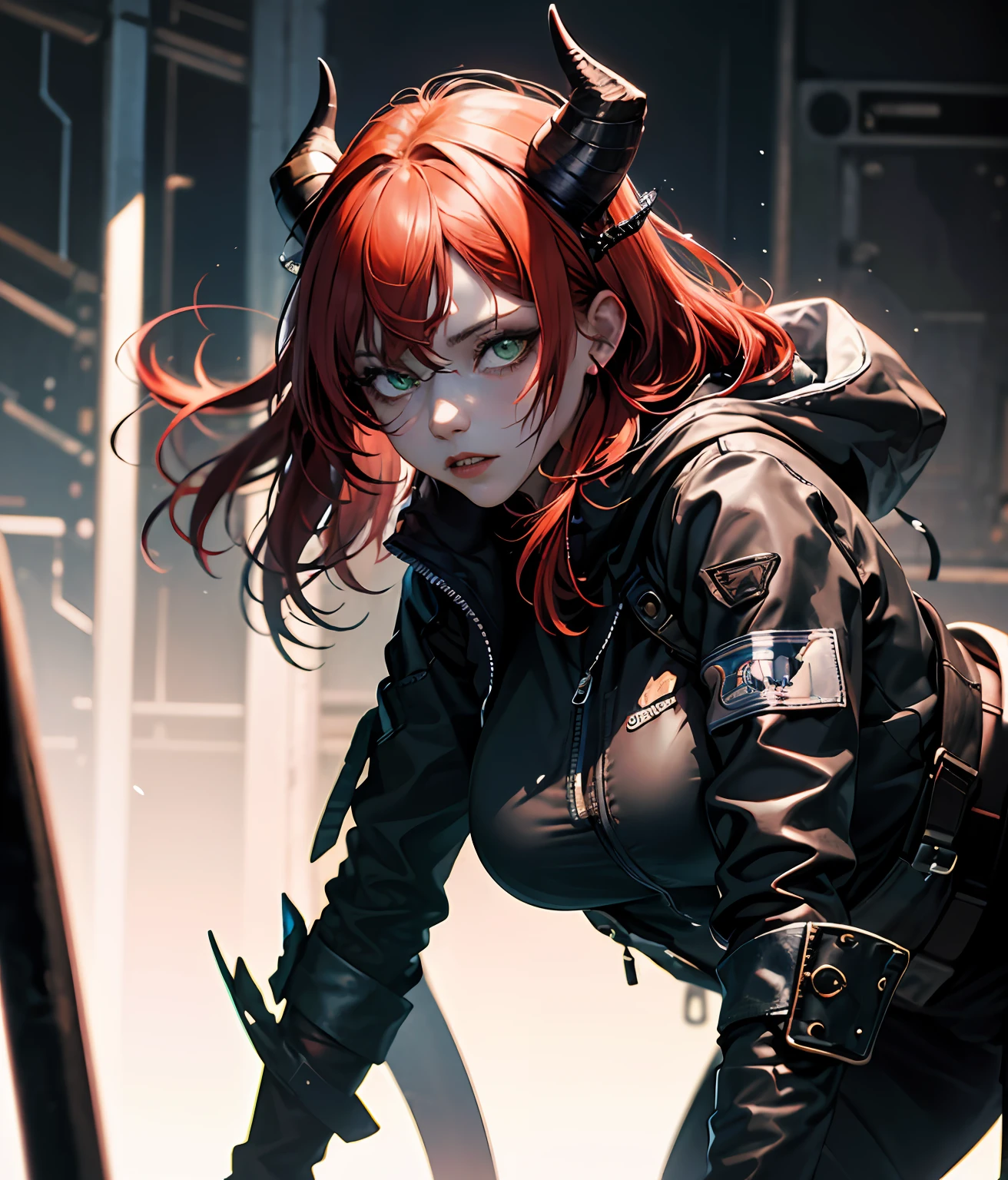 absurdres, highres, ultra detailed, (ultra-detailed background, detailed infernal style background), extremly detailed, 1girl, melancholy photo of a red haired demon young female with green eyes and black horns, lace catsuit, desaturated colour, inclement emotions, shot with a Ilford HP5, F/1. 8