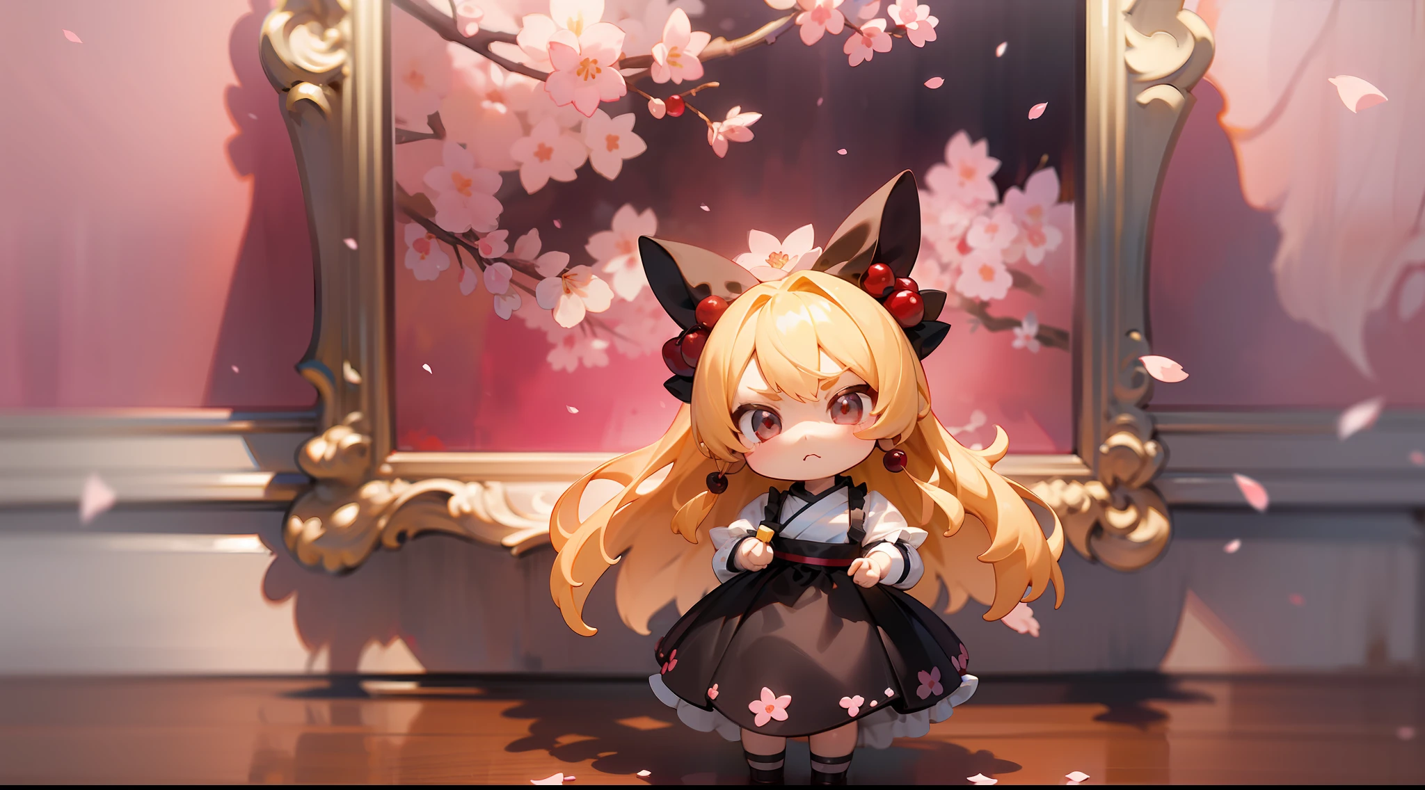 Doll standing in front of the painting, blonde, angry face, Sengai, pixiv, rococo, dolfie dream, watercolor Nendoroid, (high definition figure), flowing cherry colored silk, nendroid, highly_detailed!!, cherry blossom petals, flowing cherry blossom silk, season!!: 🌸 ☀ 🍂 ❄