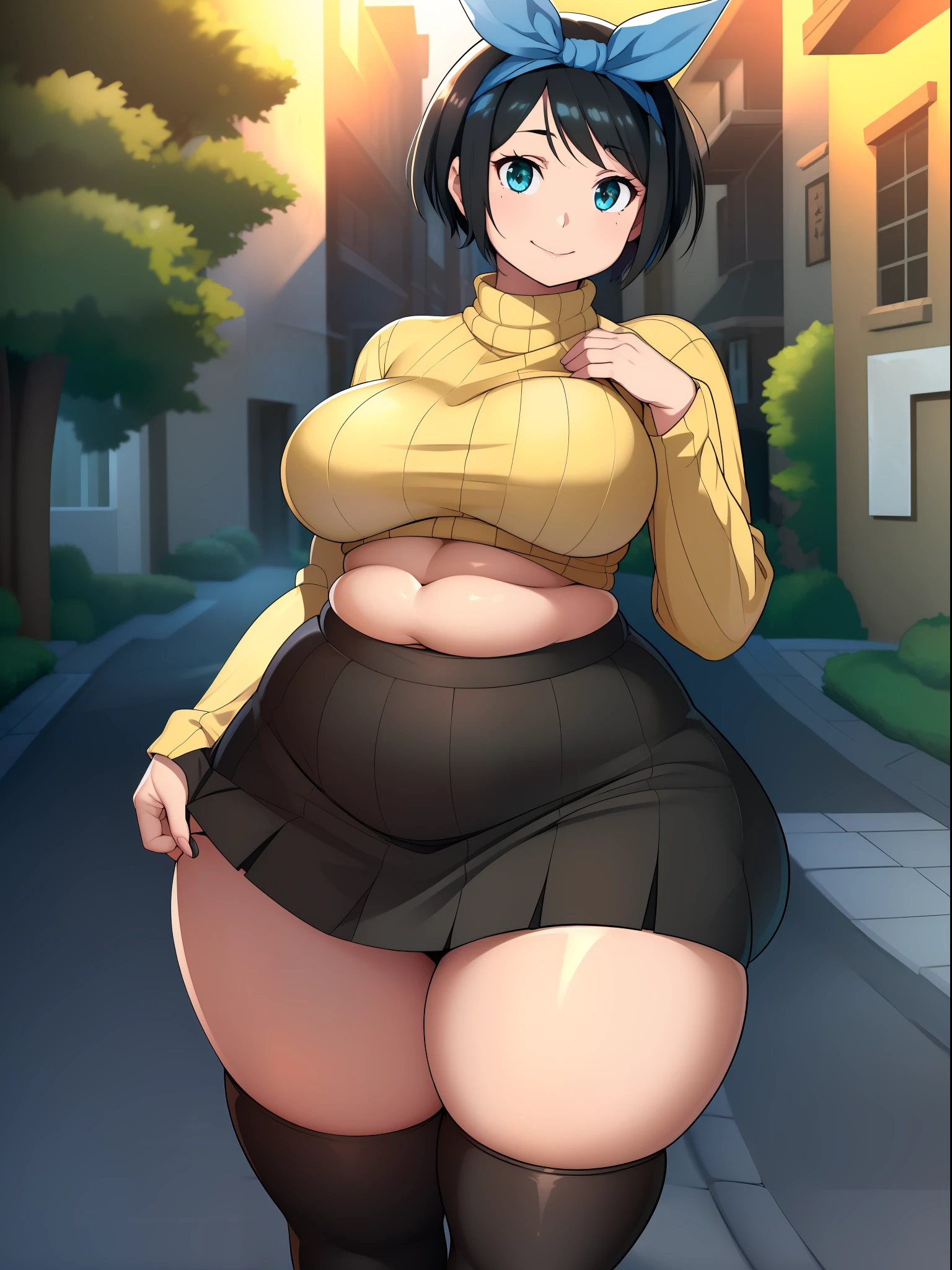 ((((kipteitei art)))), ((highres)),Masterpiece, high quality, best quality, beautiful, perfect lighting, detailed face, ultra cute face, ((1girl)), ((solo), ((((sarashina ruka)))), ((blue hairband)), ((tan turtle neck sweater)), ((black short skirt)), (((tight clothes))), black socks, loafers, looking at viewer, cowboy shot, seductive smile, cute, happy, medium breasts, perky breasts, (((wide hips))), (((thick thighs))), (pudgy), belly folds, thicc, town, street