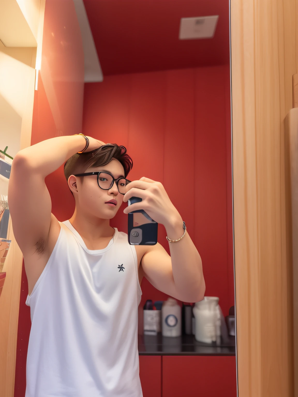There was a cute boy taking a selfie in the mirror, wearing a low cut tanktop, wearing a vest, wearing a vest, The shoulders can be seen, Wearing : vests, Show off your triceps and biceps, wearing a muscle tee shirt, 20yr old,strong shoulders, very accurate photo, 2 2 years old, 21 years old,Metaverse style