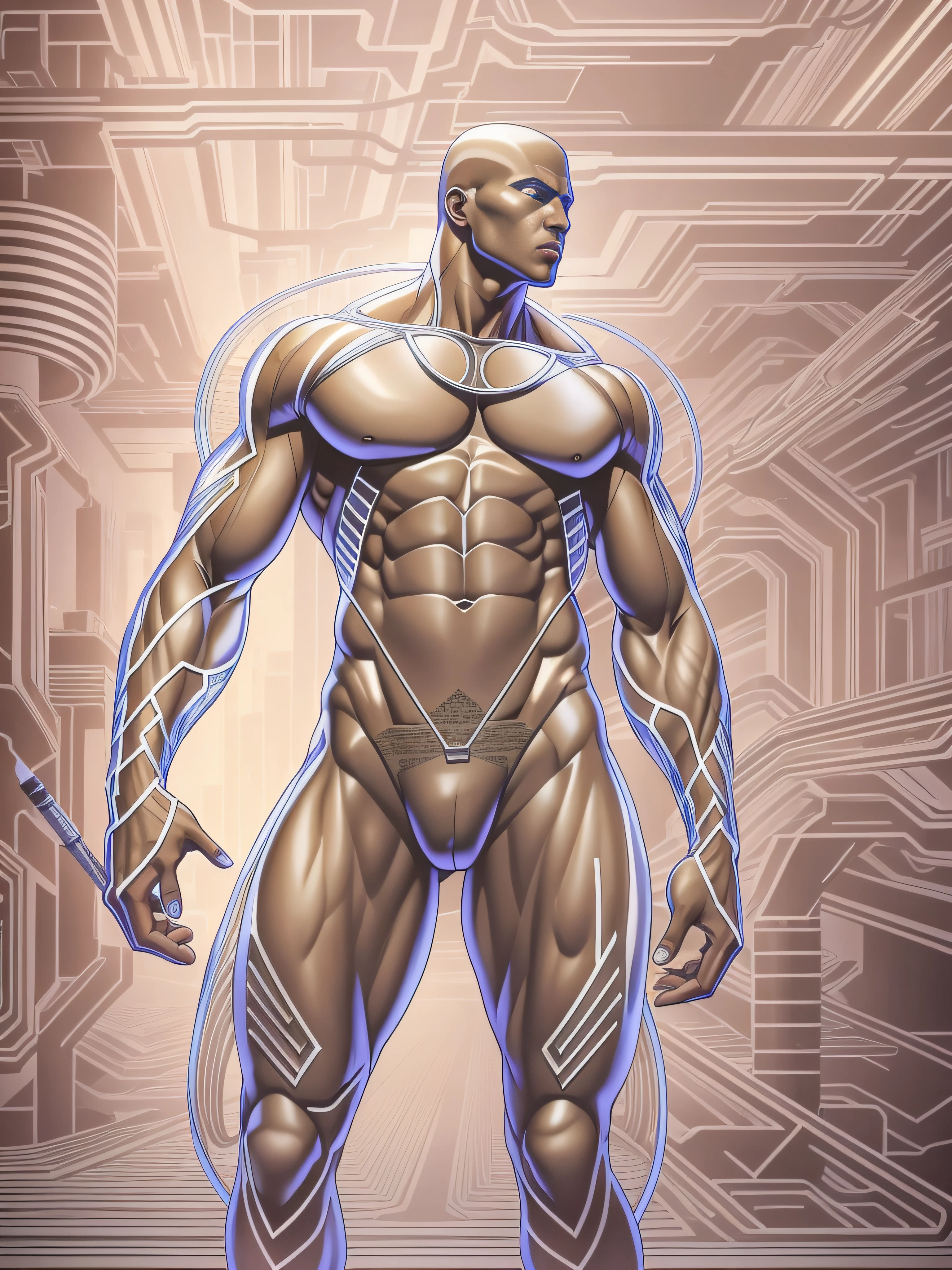 (The art of leading technology，1.4)，Ahead of the curve，（Electronic systems: overhead humanoid robots，Naked muscular masculinity：1.2），（tmasterpiece，best qualityer，Official fine art， Aesthetics：1.2），（Hyper-detailing），（（see-through thong：1.2））（（Biopunk，Cyborg man：1.1））（（various old tvs in the background：1.1））finely detailled，Most Best Illustration，hand-drawn high quality，（scybernetic，hight contrast），（Have a detailed brain that you can see：1.3），（Artistically），（Complex lines），Clear lines，s fractal art，（nakeness，Muscular macho，full-body portraits，see-through thong，Extreme closeup：1.1），（Muscular macho，Skin tone transparent tweezers：1.1）（,With a delicate heart that can be seen：1.1），The perfect facial features of a supermodel，whole body show（muscles cable wires：1.2），Large scene composition，Perfect pectorals and abs，Mysterious night，Extremely provocative and sexy（Add details），（detailedbackground：1.2），（|cyber punk perssonage，core，），A high resolution，extremy detailed（（Realistic skin，Ultra-artistic，I only wore a pair of transparent thongs with a skin tone，The internal structure is faintly visible：1.2））（（whole body display，Extreme detail：1.2））（Canon M50|100mm|sharp fokus |Gently|ultra-realistic realism |The is very detailed|intricately details |blood vessel ：1.2）