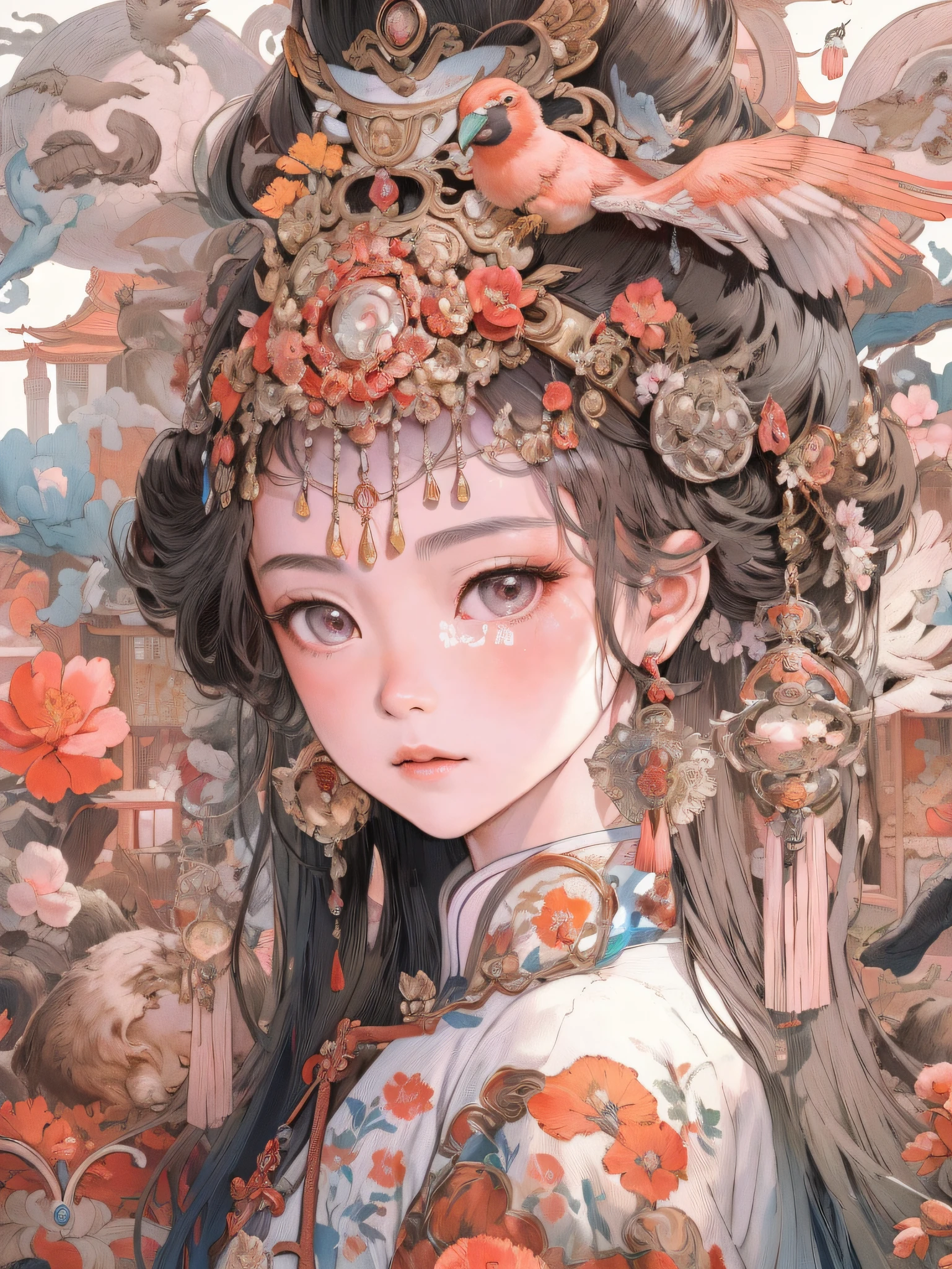 a close up of a woman with a bird on her head, Palace ， A girl in Hanfu, Beautiful character painting, 8K high quality detailed art, ancient china art style, Chinese style, a beautiful fantasy empress, China Princess, ((a beautiful fantasy empress)), with ancient chinese aesthetic, Chinese traditional, Cute detailed digital art, Princesa chinesa antiga