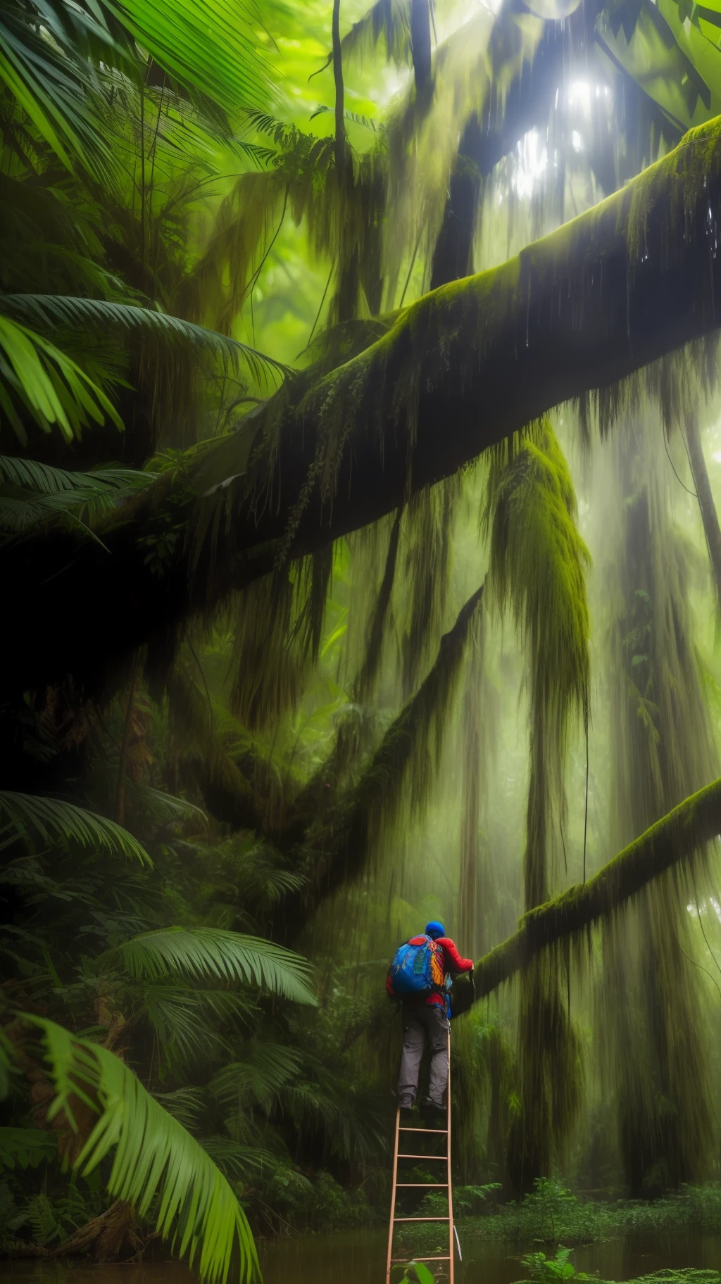 A beautiful close-up((adventurer)),jungles,oases,giant and wet trees,high qulity,tmasterpiece