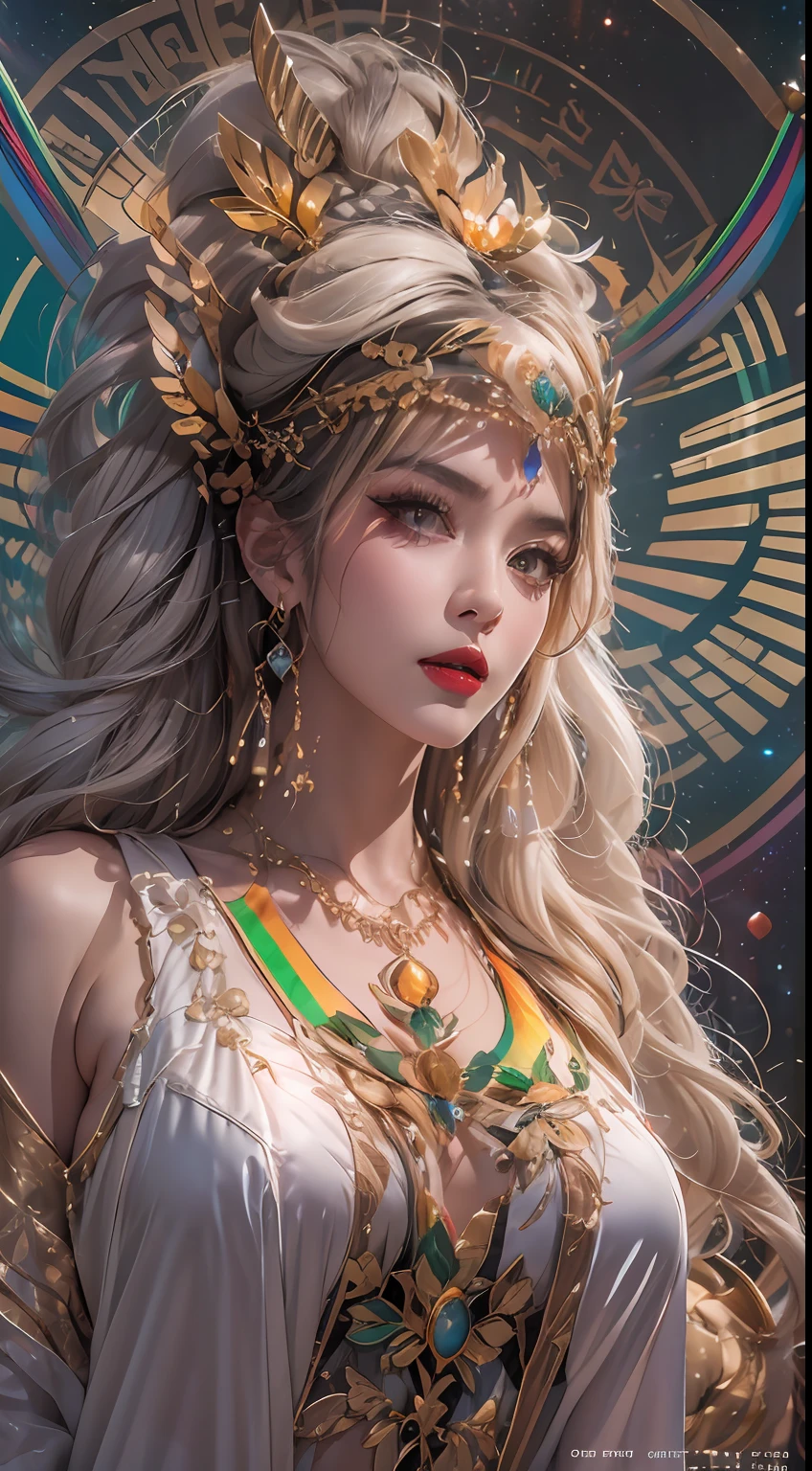 1 20 year old girl, 1 athena goddess from the future, The goddess Athena is pink and purple, athena goddess face sexy thin yellow nightgown, Long dressing gown Athena multi-limb sexy black lace detail, mythical goddess of the athena from the future, Symbol of the goddess, luxurious glittering athena style, Dark and mysterious version, athena crown, lipstick red lips, thin and pretty lips, don't smile, Keep your mouth shut, characters created by karol bak and pino daeni, intricately details, Detailed background, Extremely detailed, Light magic, A woman, Clear face, looking at the upper body of the goddess of the athena, Round breasts, Big and round breasts, phoenix hair brooch, Long hair with bangs, (Long hair has 7 colors like a rainbow:1.9), beautiful detailed face and well-proportioned eyes, (transparent yellow eyes: 1.8), big round eyes and very beautiful and detailed makeup, Visionary, long silk nightgown, Mysterious makeup, bangle, side bangs and dye pale yellow, Upper body, (athena goddess upper body: 1.8), drooping arms, Realistic and vivid photo, (stars that make up athena: 1.7), ( sky athena and fictitious space and time portal: 1.8), fiction art, RAW photo, Hanfu photo, best photos , High_Nothing, Best quality, best photos, 8K quality, Ultra of 8K , surrealism, the most economical real photo, artistic portrait of athena signs, 1 symbol of athena signs behind, single portrait of athena goddess, Most realistic color scheme, best photo color, Masterpiece, hair adornments, necklace, jewelry, Beautiful face, Upper body, Tyndall effect, photograph realistic, Dark Studio, Border light, two tone light, (Detailed skin) High: 1.2), 8K UHD, Digital SLR, Soft light, High quality, volumettic light, candid, Photo, high resolution, 4K quality, 8K, Bokeh, Smooth and sharp, pixel up 10 times, Charming athena goddess, sexy athena goddess, (background space: 1.8), (milky ways: 1.7), aurora, Lightning, (Aurorabackground: 1.8), Perfect eyes, photo of perfect eyes, beautiful g