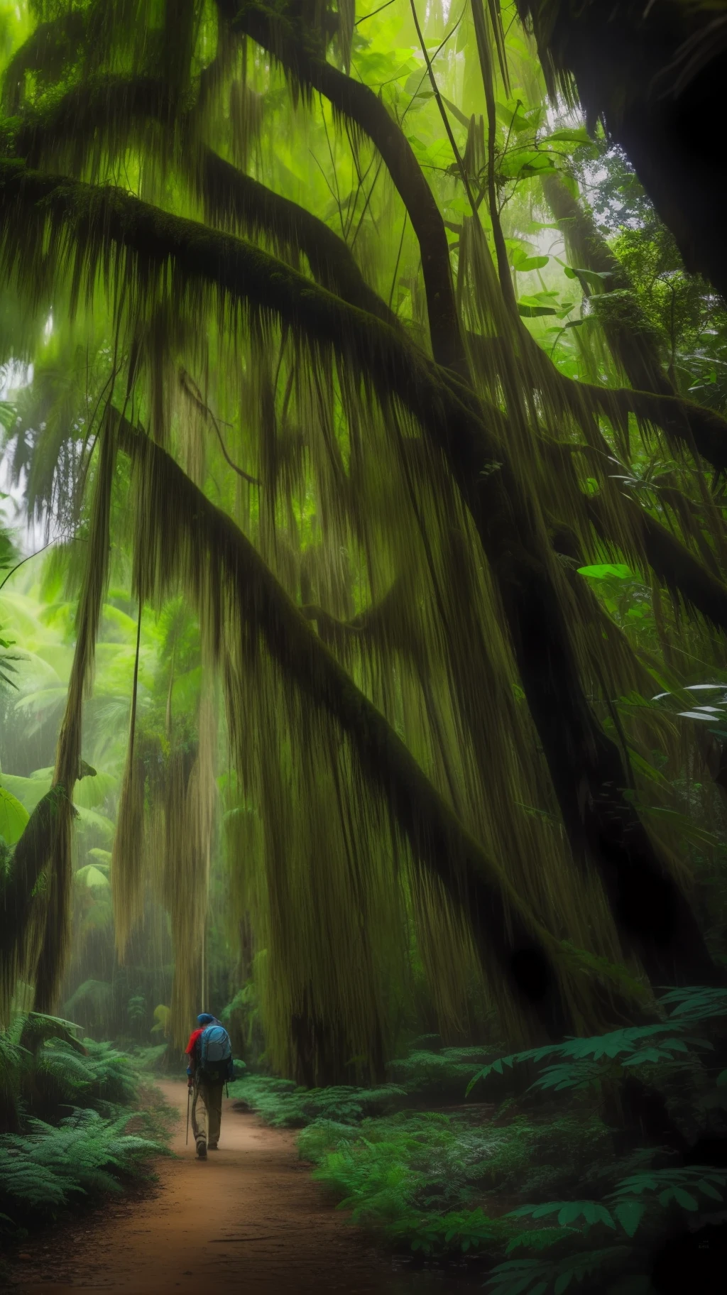 A beautiful close-up((adventurer)),jungles,oases,giant and wet trees,high qulity,tmasterpiece