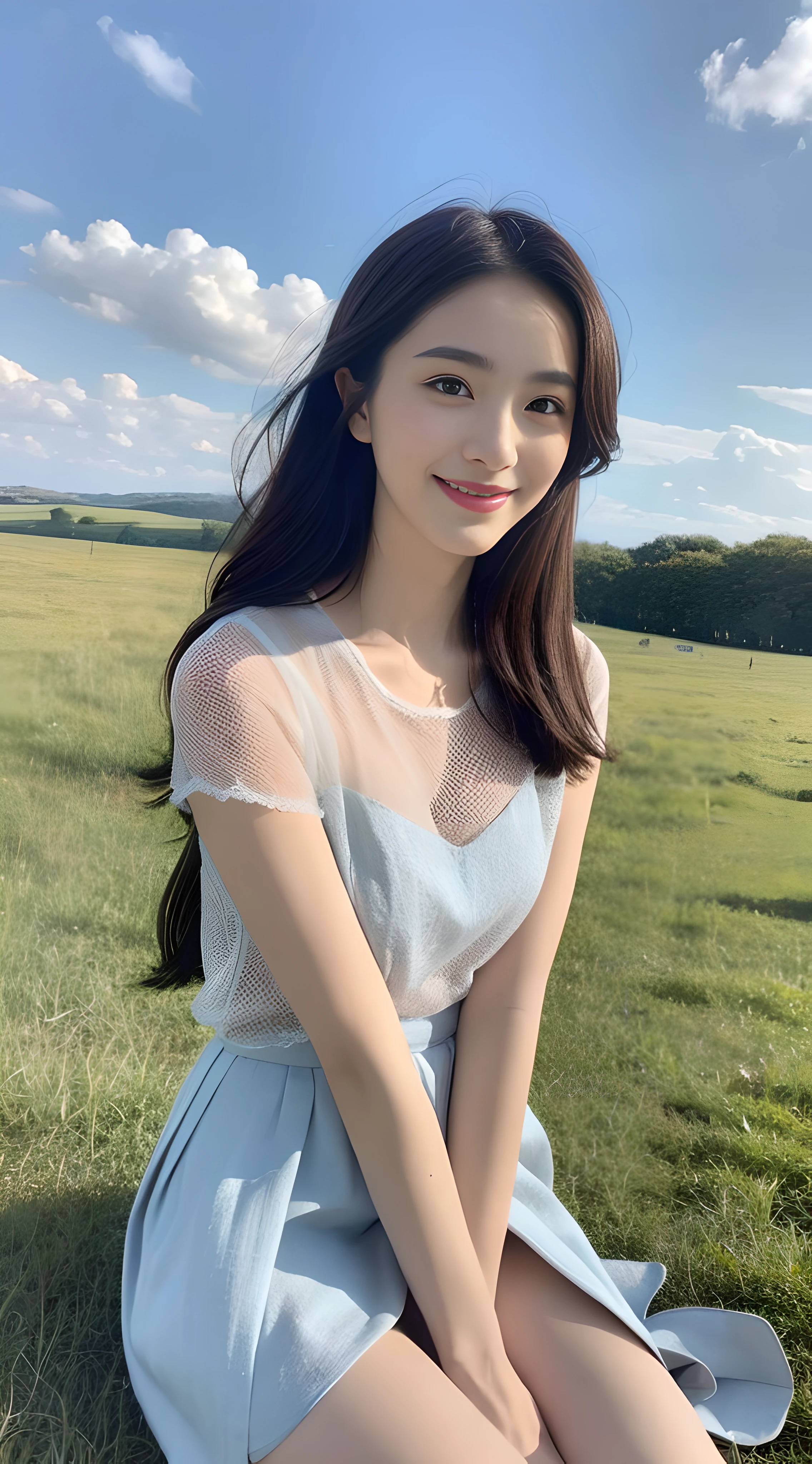 A nice and cute girl,Full body photo,Extremely beautiful and delicate,Black color hair,A sweet smile,Delicate and beautiful fair skin,Realistic and realistic,exquisite and complete facial features,Detailed depiction of the face,tall nose bridge,Smooth hair,extremely detail hair,Feminine temperament,Fill your face light,Tall and tall,Thin,Realiy,Hyper-realism,full body shot shot,Forward tilt angle,Extreme picture quality,Highest precision,Precise and perfect human anatomy。with blue sky and white clouds,Sitting on the Steppe,with blue sky and white clouds,rays of sunshine,cattle and sheep,(short skirt)Panties are clearly visible. telephoto shot,Express the landscape,Highlight portrait。