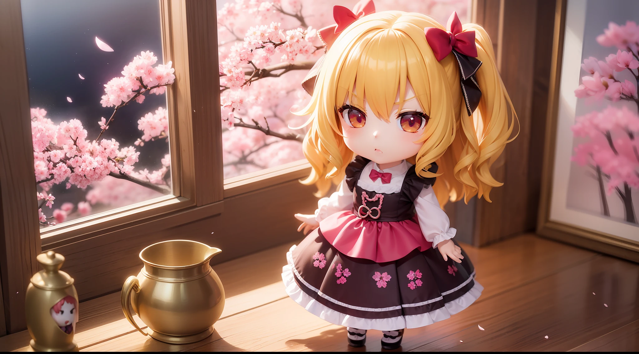 Doll standing in front of the painting, blonde, angry face, Sengai, pixiv, rococo, dolfie dream, watercolor Nendoroid, (high definition figure), flowing cherry colored silk, nendroid, highly_detailed!!, cherry blossom petals, flowing cherry blossom silk, season!!: 🌸 ☀ 🍂 ❄