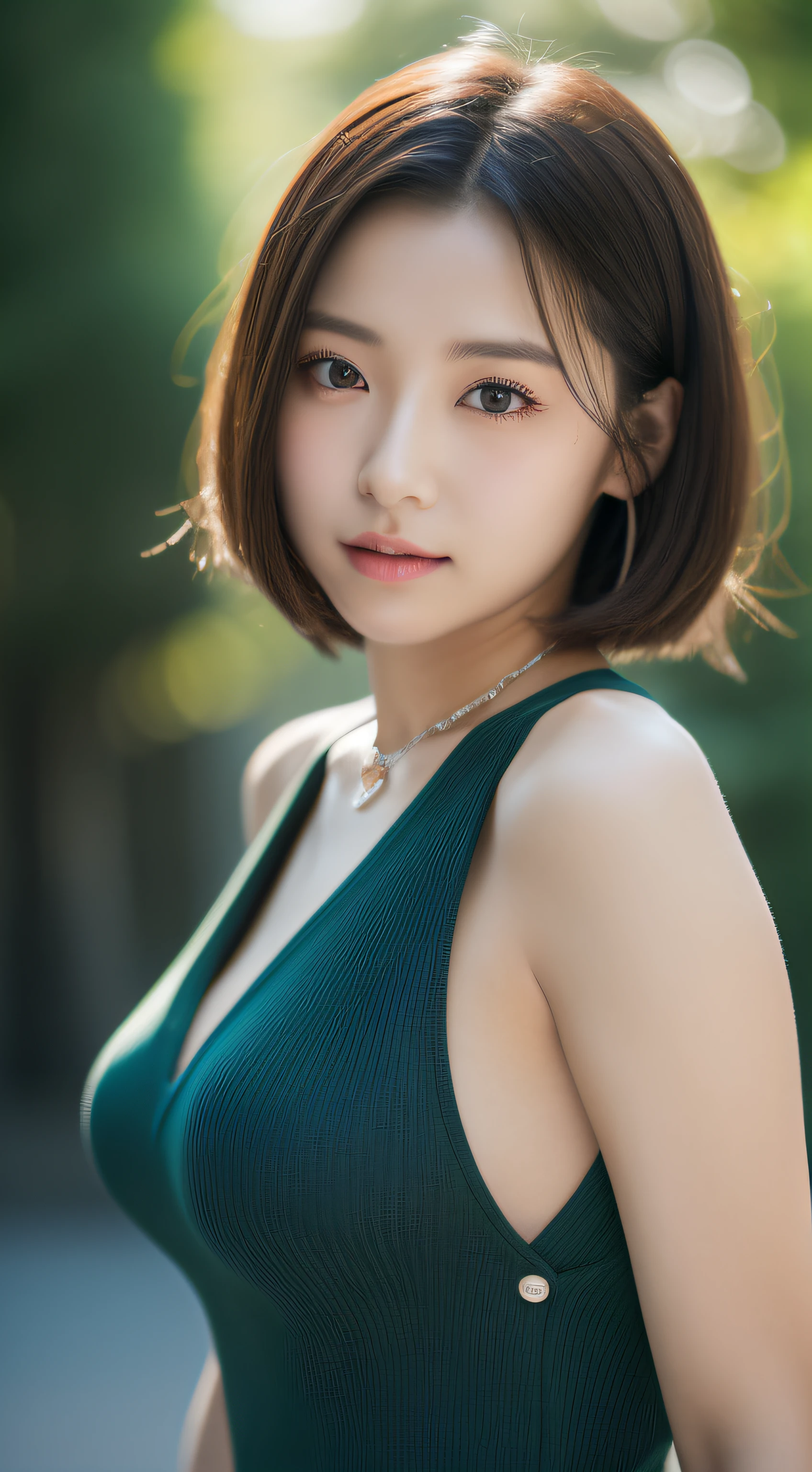 (8K、Raw photography、top-quality、masterpiece:1.2)、(realisitic、Photorealsitic:1.37)、ultra-detailliert、超A high resolution、(Solo Japan Women)、18 Year Old Woman、(with round face)、long eyeslashes、Beautiful black eyes、natural make up、large full breasts、Aquamarine Color Dress、(very short bobbed hair)、a necklace、Poses in motion
