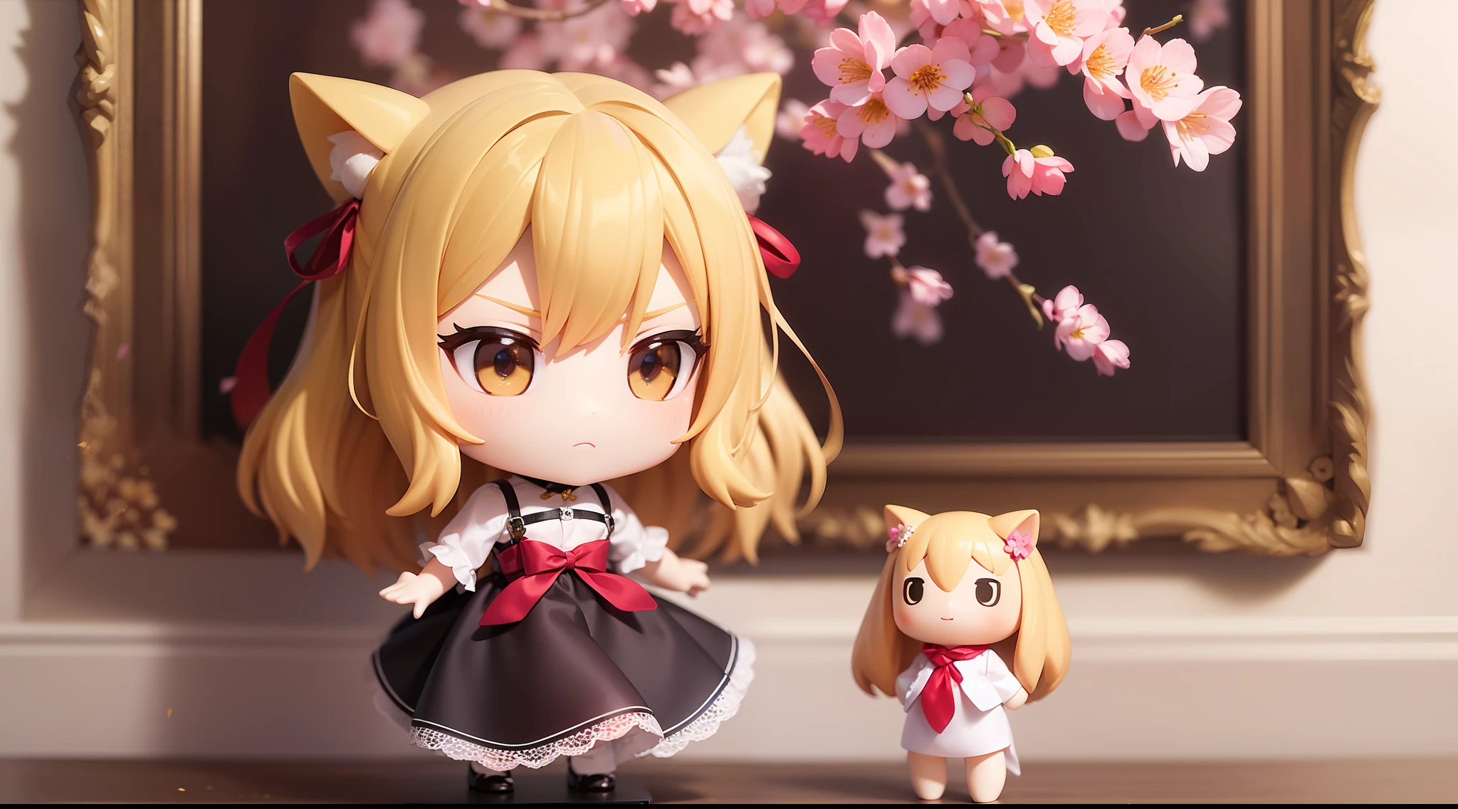 Doll standing in front of the painting, blonde, angry face, Sengai, pixiv, rococo, dolfie dream, watercolor Nendoroid, (high definition figure), flowing cherry colored silk, nendroid, highly_detailed!!, cherry blossom petals, flowing cherry blossom silk, season!!: 🌸 ☀ 🍂 ❄