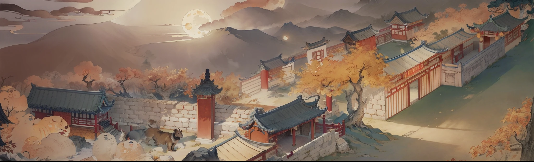 Ancient Chinese landscapes,Ancient buildings,Pavilions,Carved beams and paintings,enchanting scenery,Night,Moon light,Layered, Rich light and shadow,Mid-Autumn Festival, Ink painting style,clean color,Low-saturation colors,Colors of low brightness,Decisive cut,Leave white space,impressionistic,tmasterpiece,ultra - detailed,Epic composition, HighestQuali,hyper realisitc,Art germ --v 6