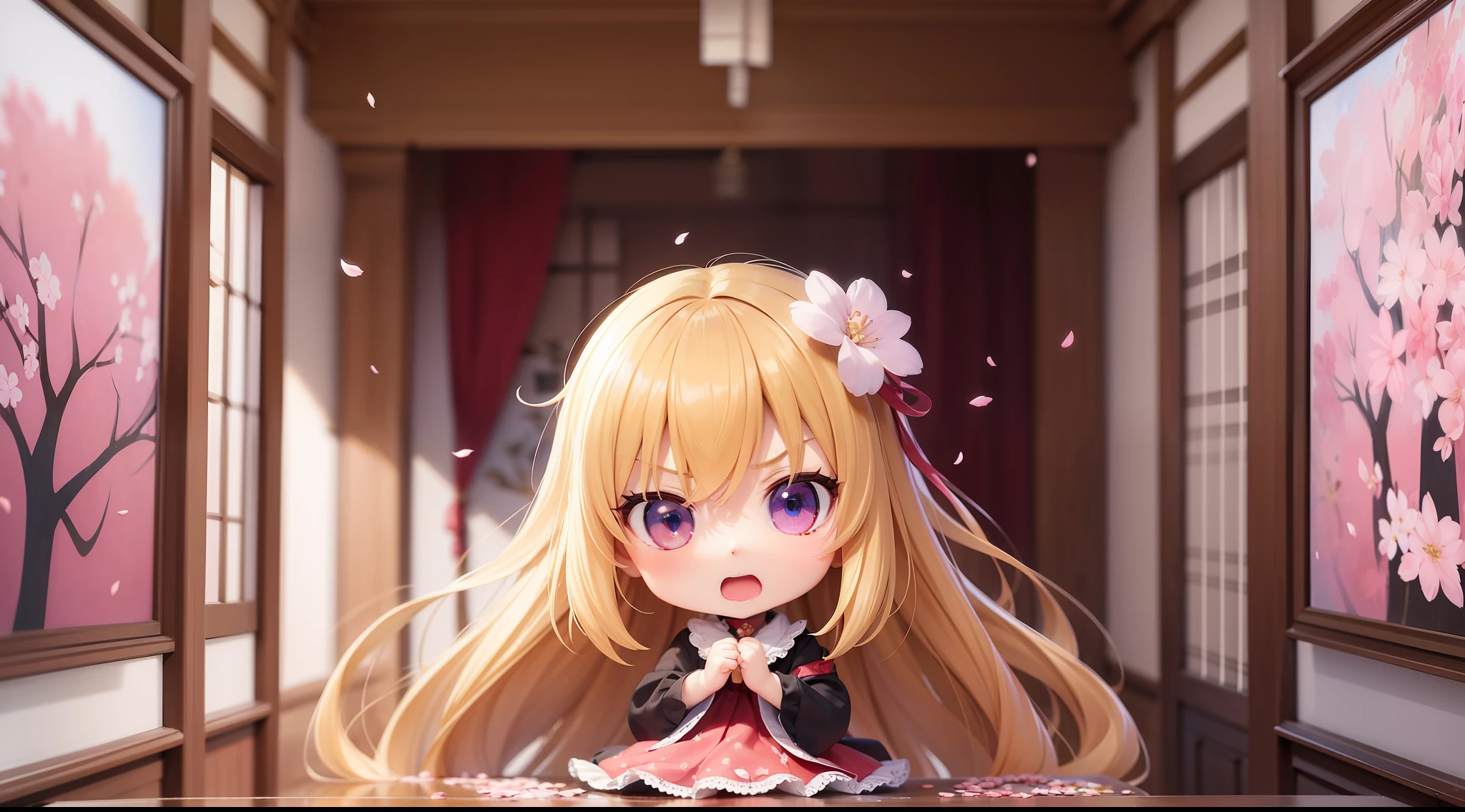 Doll standing in front of the painting, blonde, angry face, Sengai, pixiv, rococo, dolfie dream, watercolor Nendoroid, (high definition figure), flowing cherry colored silk, nendroid, highly_detailed!!, cherry blossom petals, flowing cherry blossom silk, season!!: 🌸 ☀ 🍂 ❄