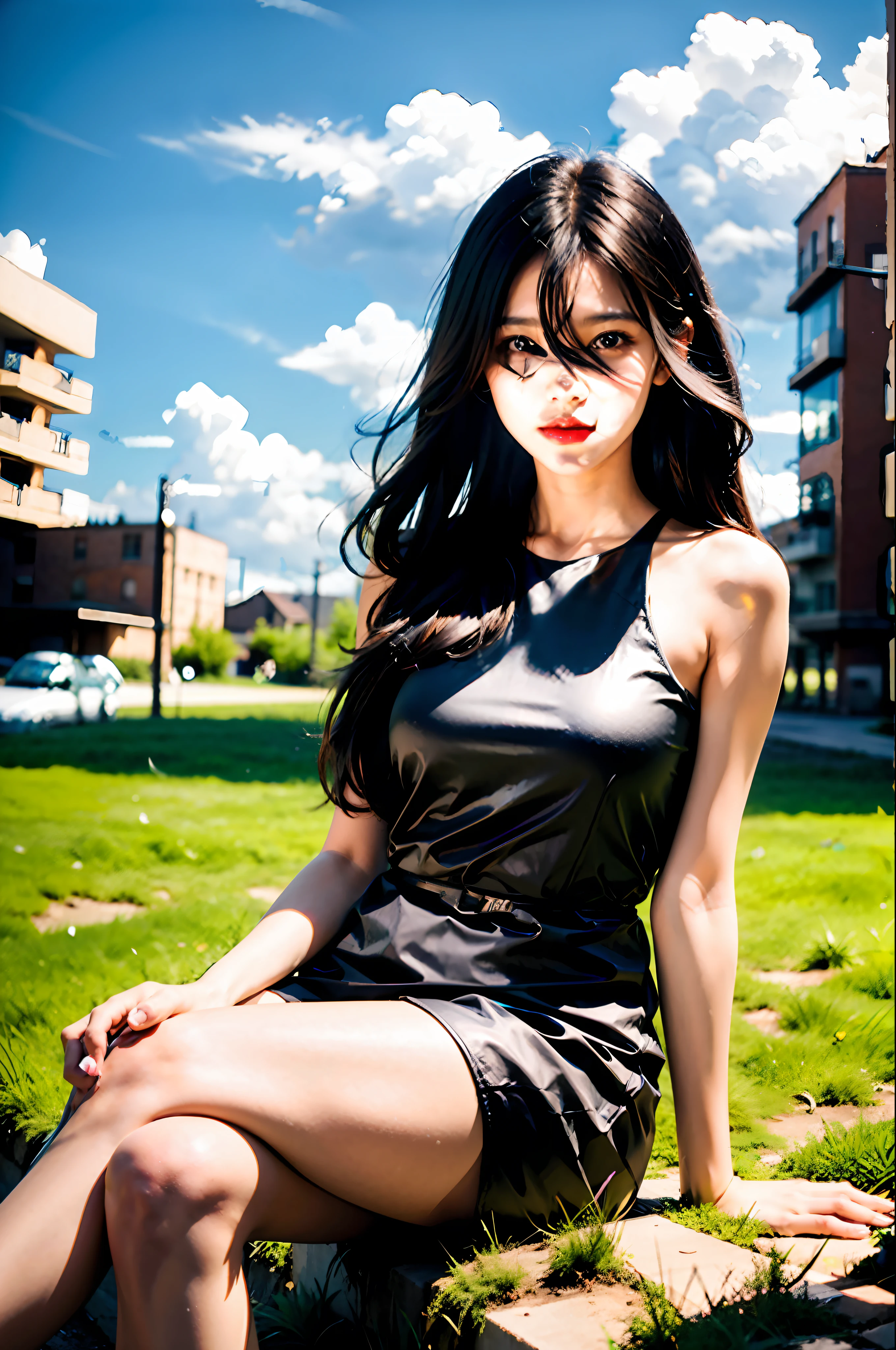 ((Best Quality, 8K, Masterpiece:1.3)), A beautiful girl, pure, melon face, gentle and cute, sweet smile, pure desire, thin figure, (frontal), (tilted head), looking directly at the camera, uniform, obi, formal, black silky long straight hair, long hair flowing over the shoulders, round black big eyes, clear big eyes, moist red lips, sweet, sitting on the side of the road, blue sky and white clouds, grass, buildings,