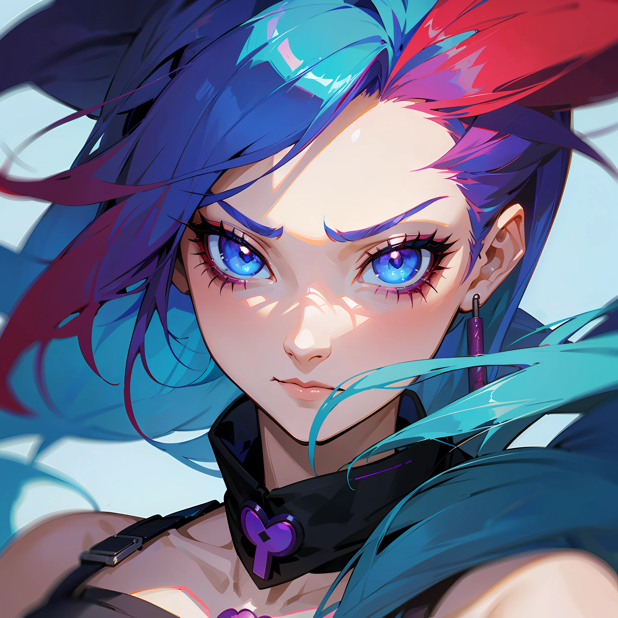 Close-up of a woman with a redhead tattoo,portrait of jinx from arcane,Arcane prank,2 d anime style,League of Legends Jinx,Express the character of Jinx,Ink and color,Glitter powder on the face, anime gothic girl,Anime character style,Artistic touch,Jinx's face,beautiful blue-haired girl,Cyberpunk style brunette girl,Full body like,stand posture。