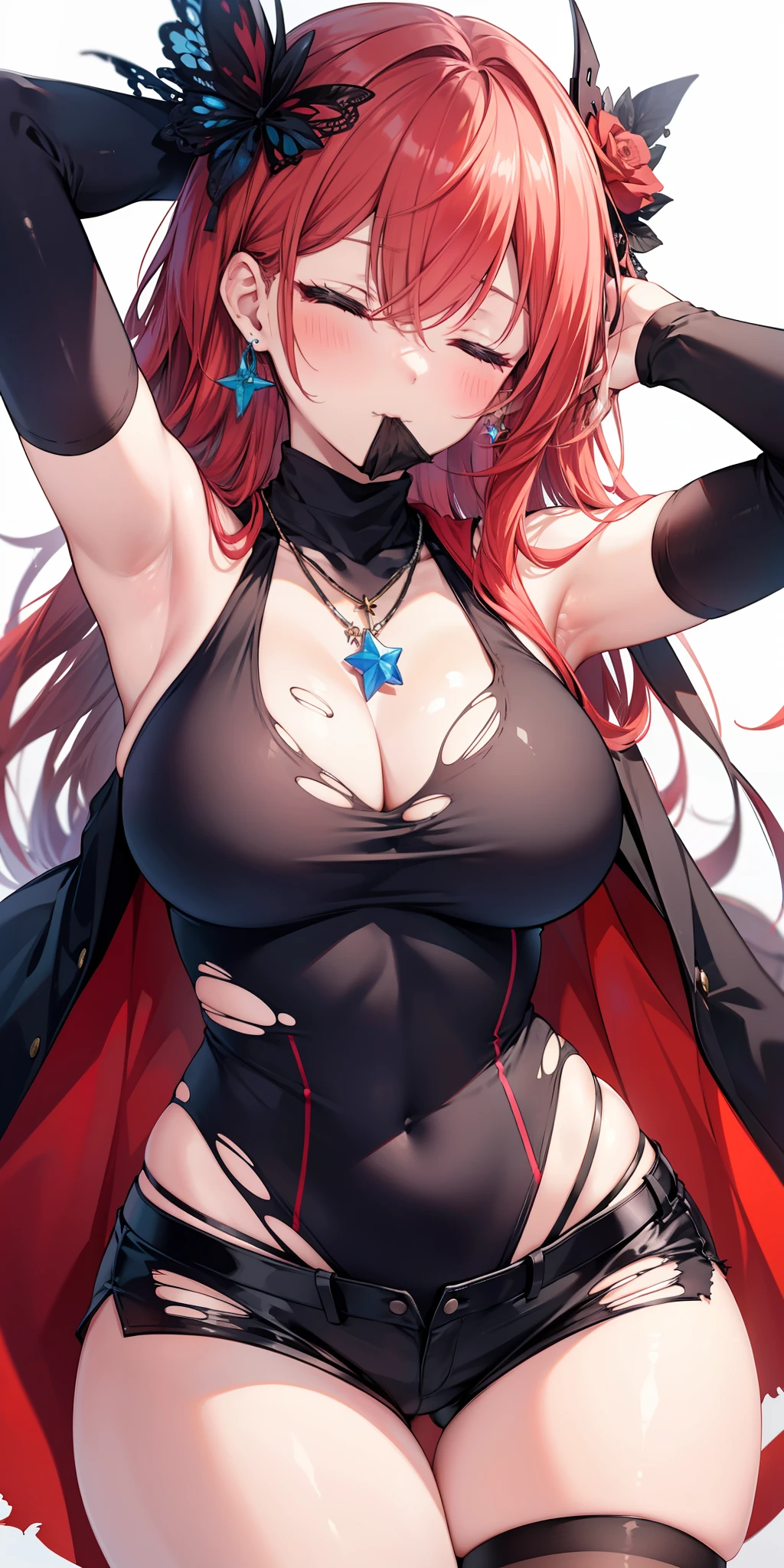 TAGS: master piece, best quality, himeko_(honkai:_star_rail) character, 1girl, breasts, jewelry, red hair, mouth mask, dressing,
      Earrings, long hair, alone, blushing, big breasts, necklace, women's black turtleneck shirt, torn white short shorts, short tights,
      dressing, closed eyes, mouth mask, white background,
      revealing clothes, bare shoulders, perfect thick legs, perfect big thighs, armpits, hair between the eyes,
      simple background, clavicle, upper body, bangs