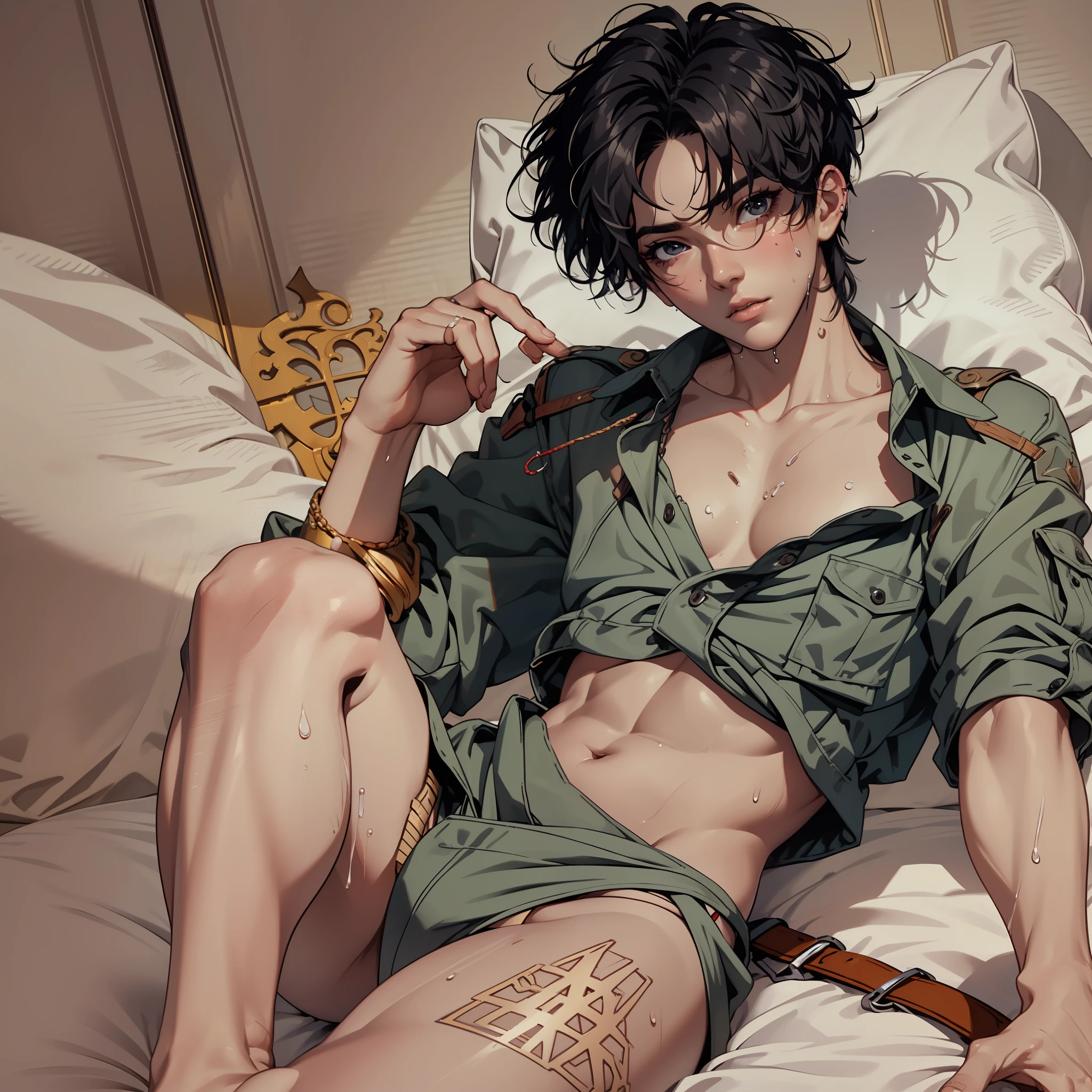 asian, realistic, detailed, distant vision, sexy, boy child, young, short straight black hair, black eyes, towel on hips, curly hair,arrogant look, in bed, lying in bed, having, underwear, no underwear, naked, realistic eyes, detailed face, detailed hands, sweaty, detailed legs, detailed fingers, blue hair, detailed hair, detailed eyes, detailed skin, dynamic lighting, (photorealistic: 1.4), 8k uhd, (hyper realistic), (photorealistic), (masterpiece), (best quality)