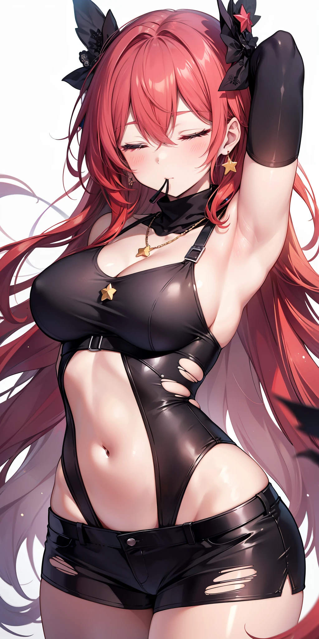 TAGS: master piece, best quality, himeko_(honkai:_star_rail) character, 1girl, breasts, jewelry, red hair, mouth mask, dressing,
Earrings, long hair, alone, blushing, big breasts, necklace, women's black turtleneck shirt, torn white short shorts, short tights,
dressing, closed eyes, mouth mask, white background,
revealing clothes, bare shoulders, perfect thick legs, perfect big thighs, armpits, hair between the eyes,
simple background, clavicle, upper body, bangs