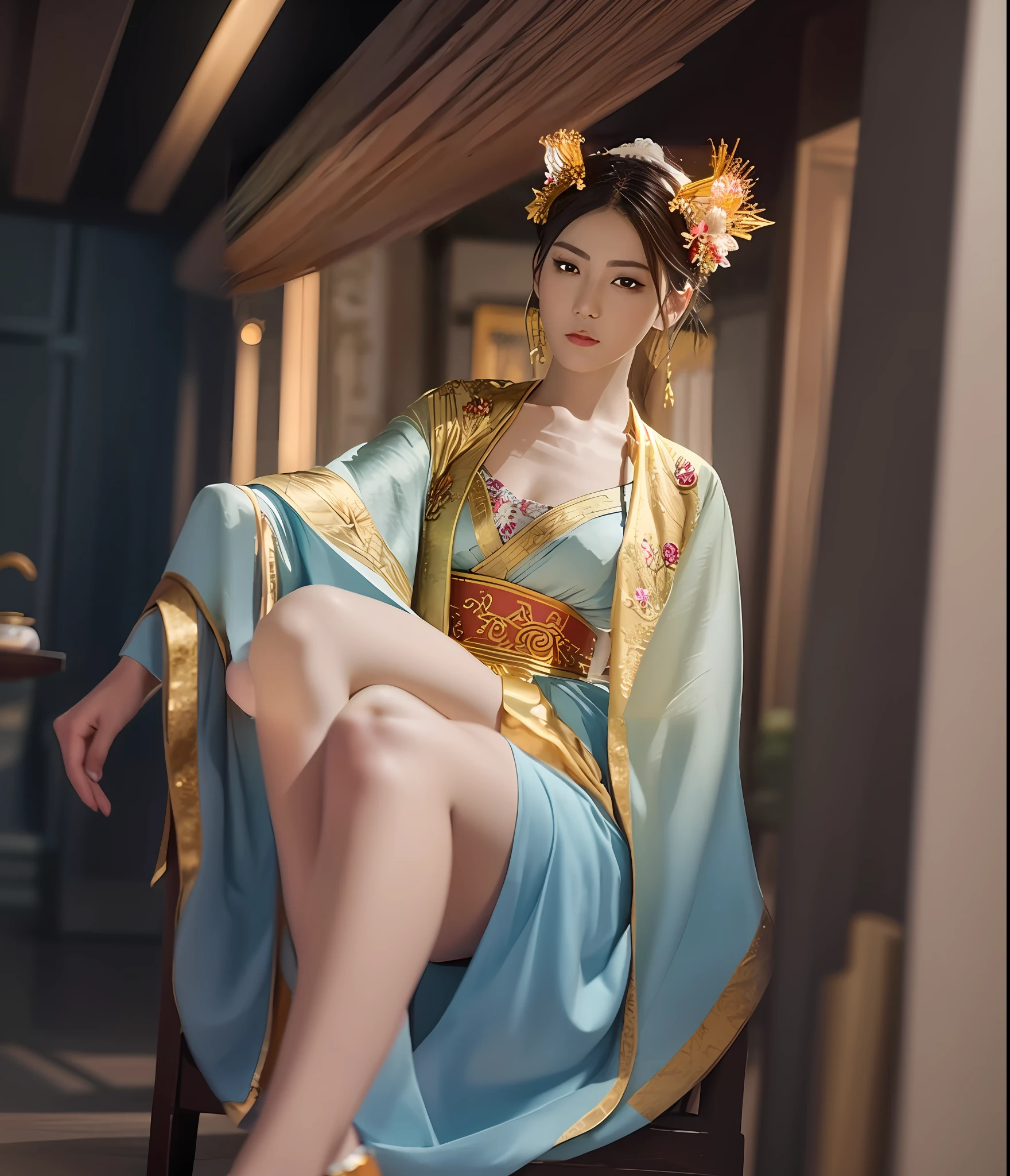 Arakfi sitting in a chair in a blue and gold kimono, Palace ， A girl in Hanfu, Hanfu, a beautiful fantasy empress, Wearing ancient Chinese clothes, Chinese costume, full-body xianxia, Inspired by Lan Ying, Princesa chinesa antiga, ((a beautiful fantasy empress)), trending on cgstation, Beautiful rendering of the Tang Dynasty