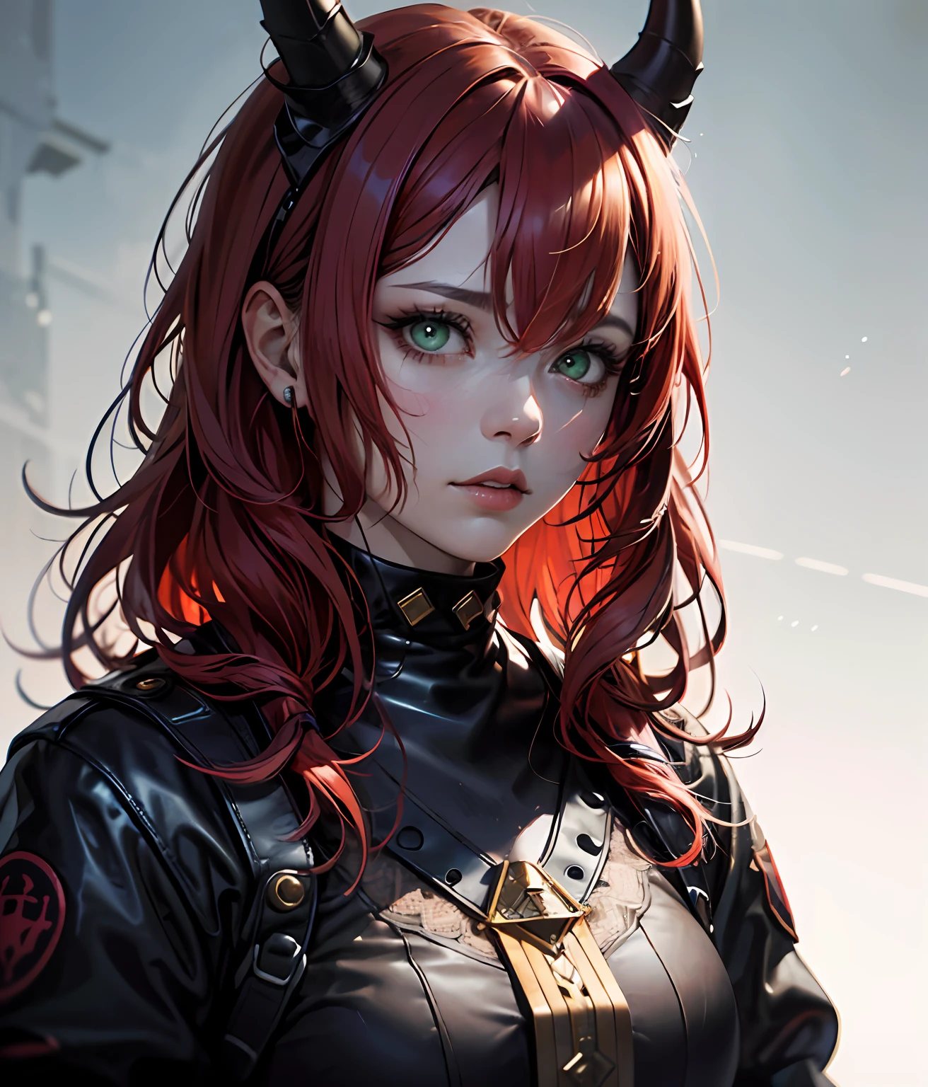 absurdres, highres, ultra detailed, (ultra-detailed background, detailed background), extremly detailed, 1girl, melancholy photo of a red haired demon young female with green eyes and black horns, lace catsuit, desaturated colour, inclement emotions, shot with a Ilford HP5, F/1. 8