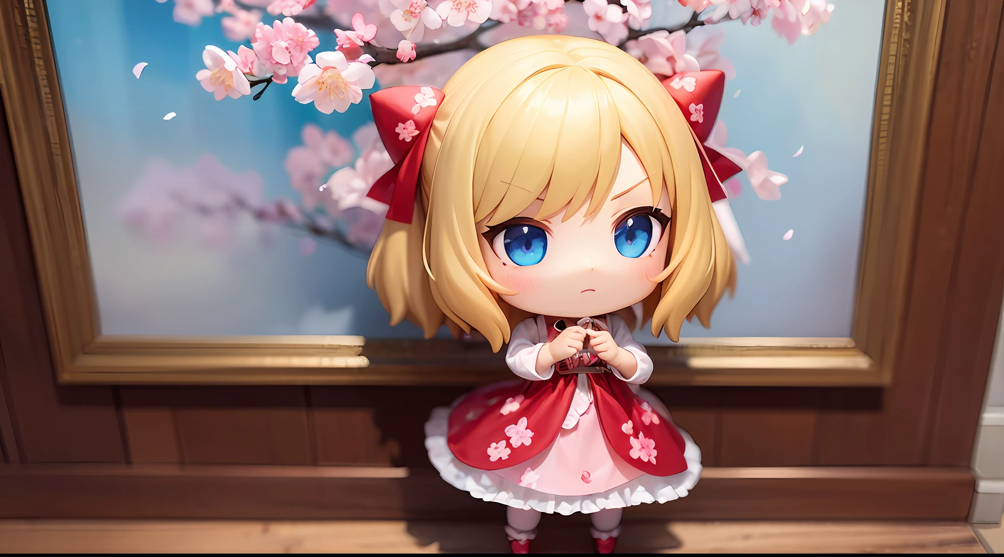 Doll standing in front of the painting, blonde, angry face, Sengai, pixiv, rococo, dolfie dream, watercolor Nendoroid, (high definition figure), flowing cherry colored silk, nendroid, highly_detailed!!, cherry blossom petals, flowing cherry blossom silk, season!!: 🌸 ☀ 🍂 ❄