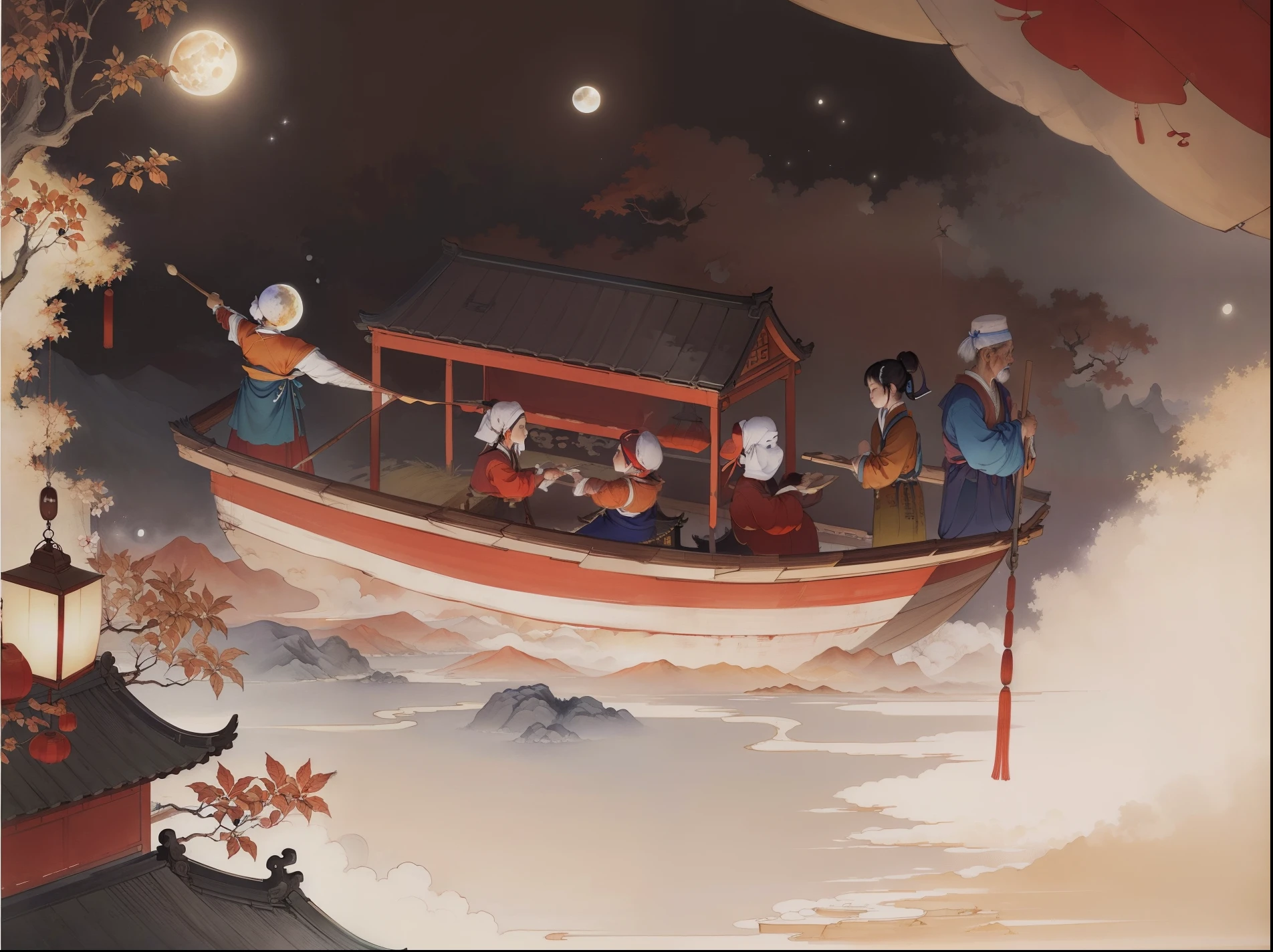 Ancient Chinese landscapes,Ancient buildings,Pavilions,Carved beams and paintings,enchanting scenery,Night,Moon light,Layered, Rich light and shadow,Mid-Autumn Festival, Ink painting style,clean color,Low-saturation colors,Colors of low brightness,Decisive cut,Leave white space,impressionistic,tmasterpiece,ultra - detailed,Epic composition, HighestQuali,hyper realisitc,Art germ --v 6