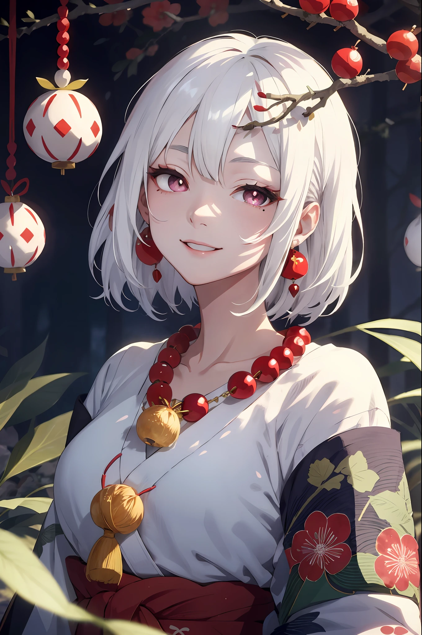 nihongami, white hair, jeweled branch of hourai, bead necklace, mole under eye, heart-shaped pupils, smile, bright pupils, Color Field painting, Ukiyo-e, depth of field, drop shadow, move chart, projected inset, f/1.8, Fujifilm, UHD, high details
