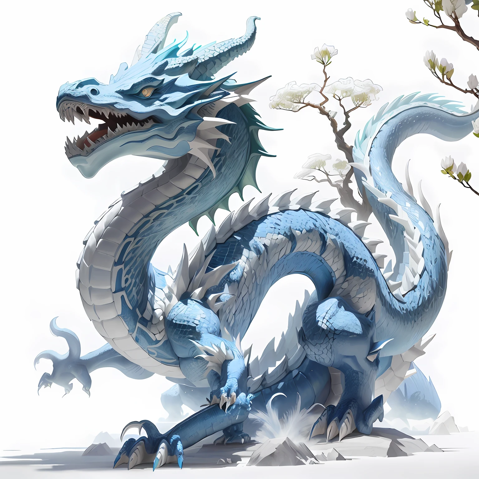 There is a statue of a blue dragon，A tree in the background, cyan chinese dragon fantasy, Chinese dragon concept dragon，Blue and white porcelain，Green Dragon，mythological beasts，Ferocious，buck teeth，Clear lines，k hd，Pattern，Clear texture art, smooth chinese dragon, majestic japanese dragon, blue scaly dragon, Blue dragon, Frost Dragon, Chinese Dragon, colossal dragon as background, Dragon, long dragon, china silk 3d dragon, Dragon Art, drak, water dragon, Crystal Dragon，