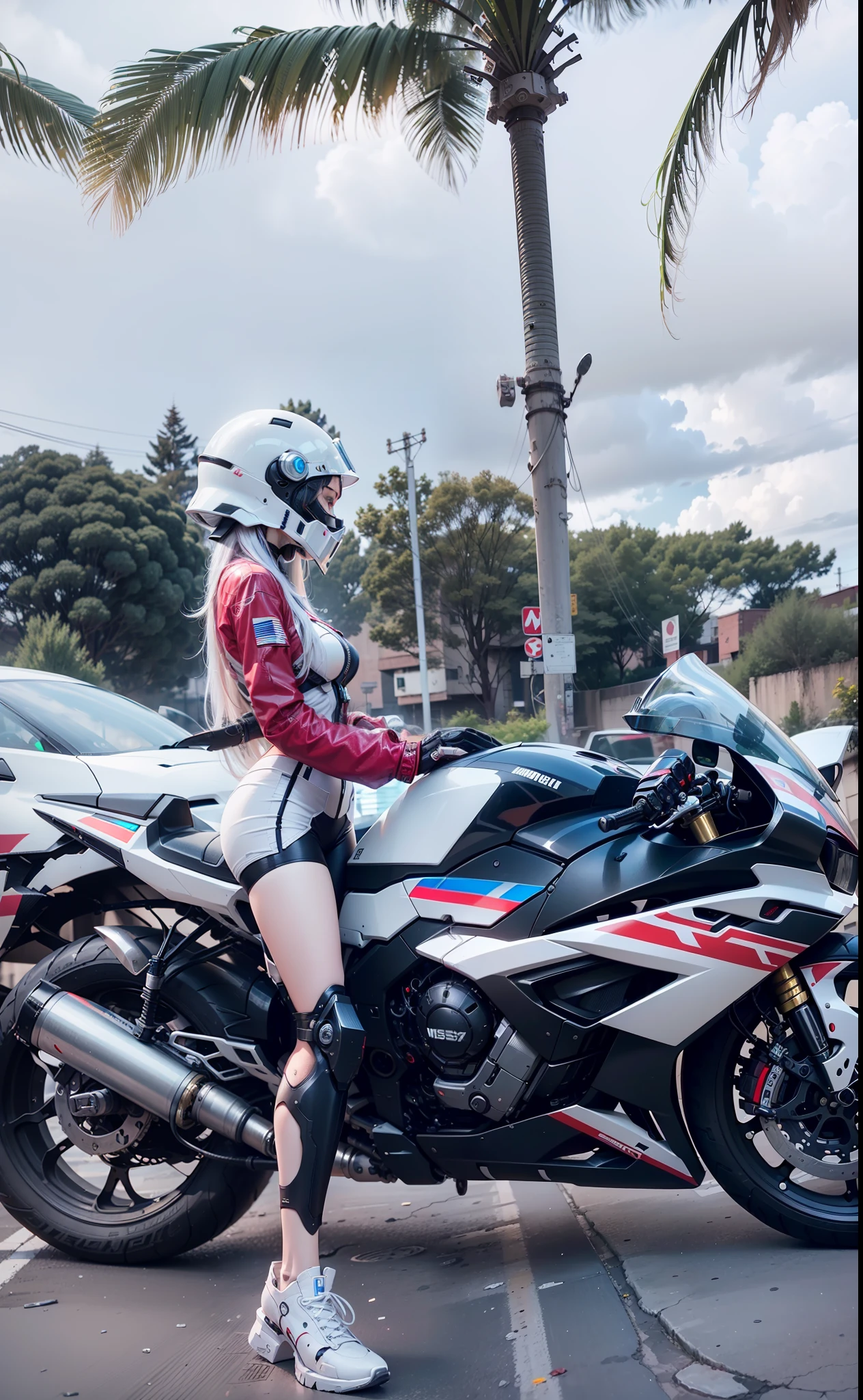 Cute cyberpunk warrior woman,long white hair,Black mech costume,Sophisticated black tech helmet,Nousr, Biomechanicals, MSHN Robot Man,High-tech helmet,hyper realisitc, Steel, Complex design, insanely details, finely detailled, Extremely clear lines, cinmatic lighting, photograph realistic, A detailed masterpiece