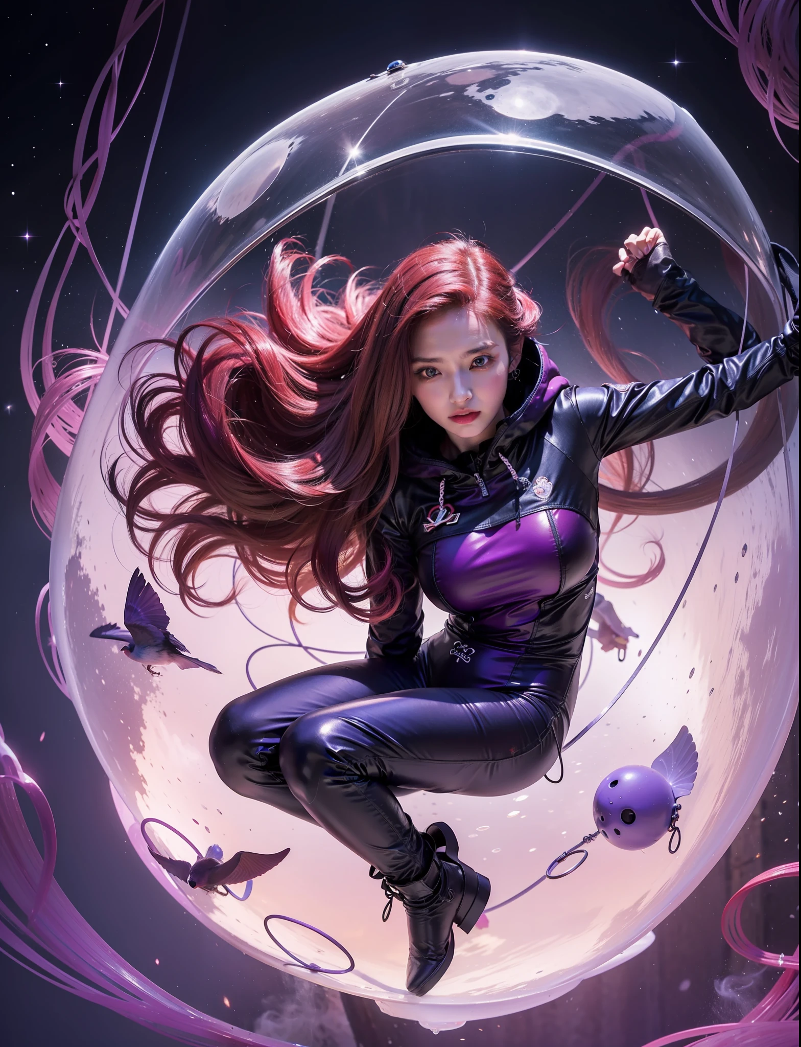 A beautiful girl floating in space. she has a birdcage She wears a cyber bodysuit and a purple hoodie. She has semi-long, wavy red-purple hair. her eyes glow red.She is obscure and mysterious in her own feelings and her intentions. A red mist surrounds her, and many people's faces are emerging in the mist. A big red moon behind her. The incense burner is floating. A red puddle at her feet.