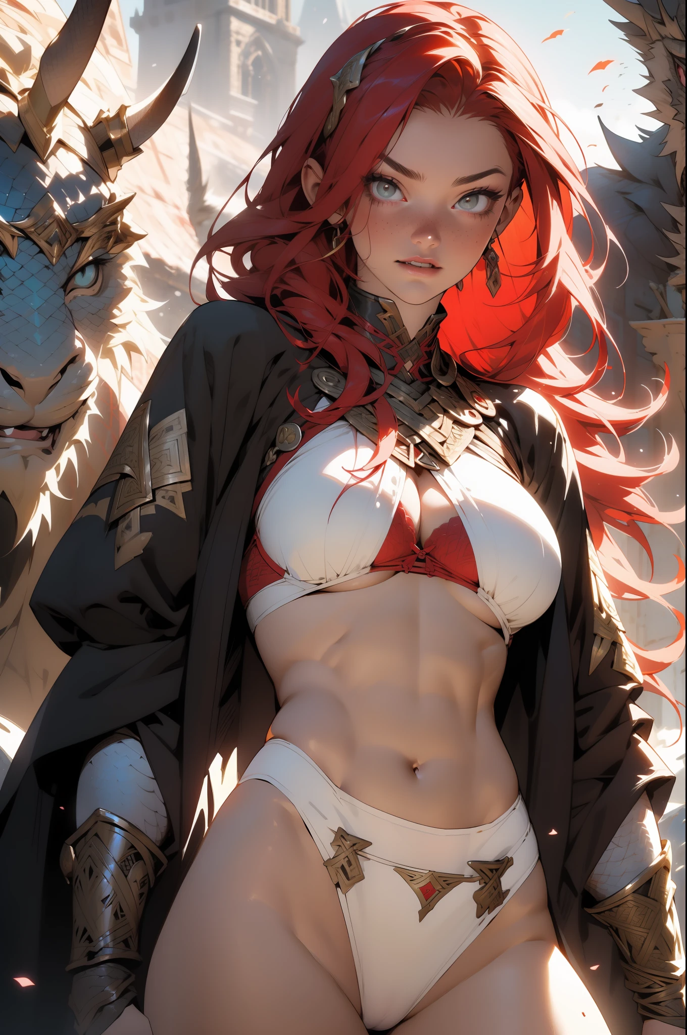 Beautiful full-bodied woman, 30 years old, muscular and perfect body, (((Viking warrior))), long red hair and with little clothing, tiny thong, (((bra made of scales))), holding the severed head of a demon, large breasts, generous neckline, splashed blood on the body, brave face, dark kingdom, Sexy pose, walking in a wilderness, active volcano in the background, medieval era, bioluminescent, 8K resolution concept art, realism, by Mappa studios, masterpiece, best quality, (1girl), official art, illustration, ligne claire, (cool_color), perfect composition, absurdres, fantasy, focused, (clear clothing, transparent cloth, see-through material), (((cameltoe))), (red hair, freckles, huge breasts, nearly naked, underboob), thick but fit, blend of Natalie Dormer and Zendaya, silk robes, detailed castle background, 20 yo, natural, amazing body, pronounced feminine feature, speaking, laughing, festival, (((no panties)))
