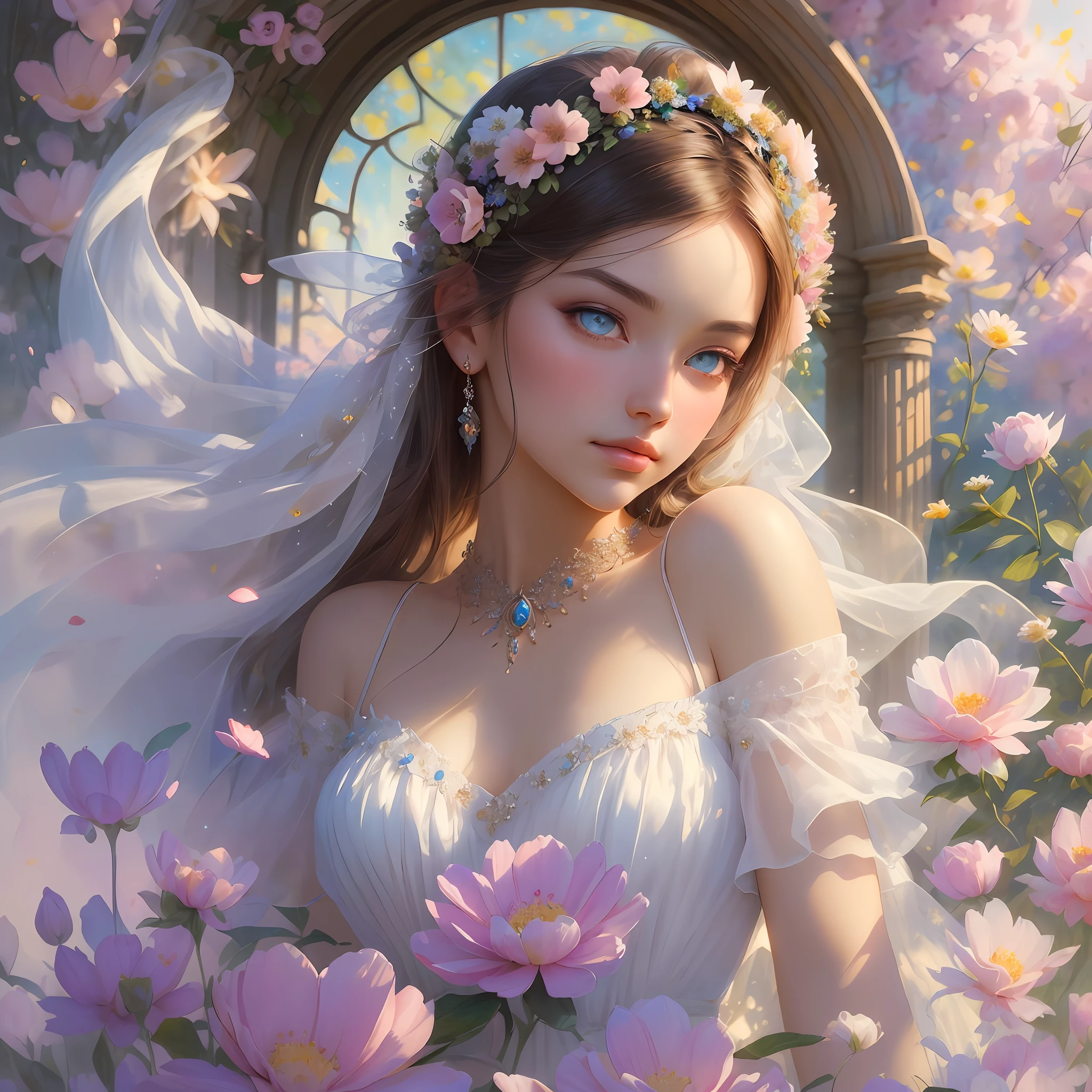 This artwork is dreamy and ethereal, with colors drawing inspiration from gentle watercolors, primarily pink. Generate a delicate and demure flower maiden with soft, realistic hair dancing in the breeze. Her sweet, realistic face is extremely detailed and has puffy, big lips and stunning, highly realistic eyes. Her eyes are important and should be realistic, highly detailed, and beautiful. The flower maiden is wearing delicate and elegant fabric of silk and satin. She is surrounded by beautiful flowers of varying sizes and colors and flower petals dancing in the wind around her. The background is detailed, wild, and unruly, with wildflowers and wind and pollen creating a dynamic and compelling image. She wears an ornately flowered headdress that enhances her soft beauty. Include a soft watercolor sky. Include fantasy details, enhanced details, iridescence, colorful glittering wind, and pollen. Pay special attention to her face and make sure it is beautifully and realistically detailed. The image should be dreamy and ethereal.8k, intricate, elegant, highly detailed, majestic, digital photography, art by artgerm and ruan jia and greg rutkowski, (masterpiece, finely detailed beautiful eyes: 1.2), hdr, realistic skin texture, ((fantasy00d:1)), rays of light, ornate flowers, dew drops, sunlight, hazy rays of sun, flowergateway style, castle, palace, archway, flowers, growing