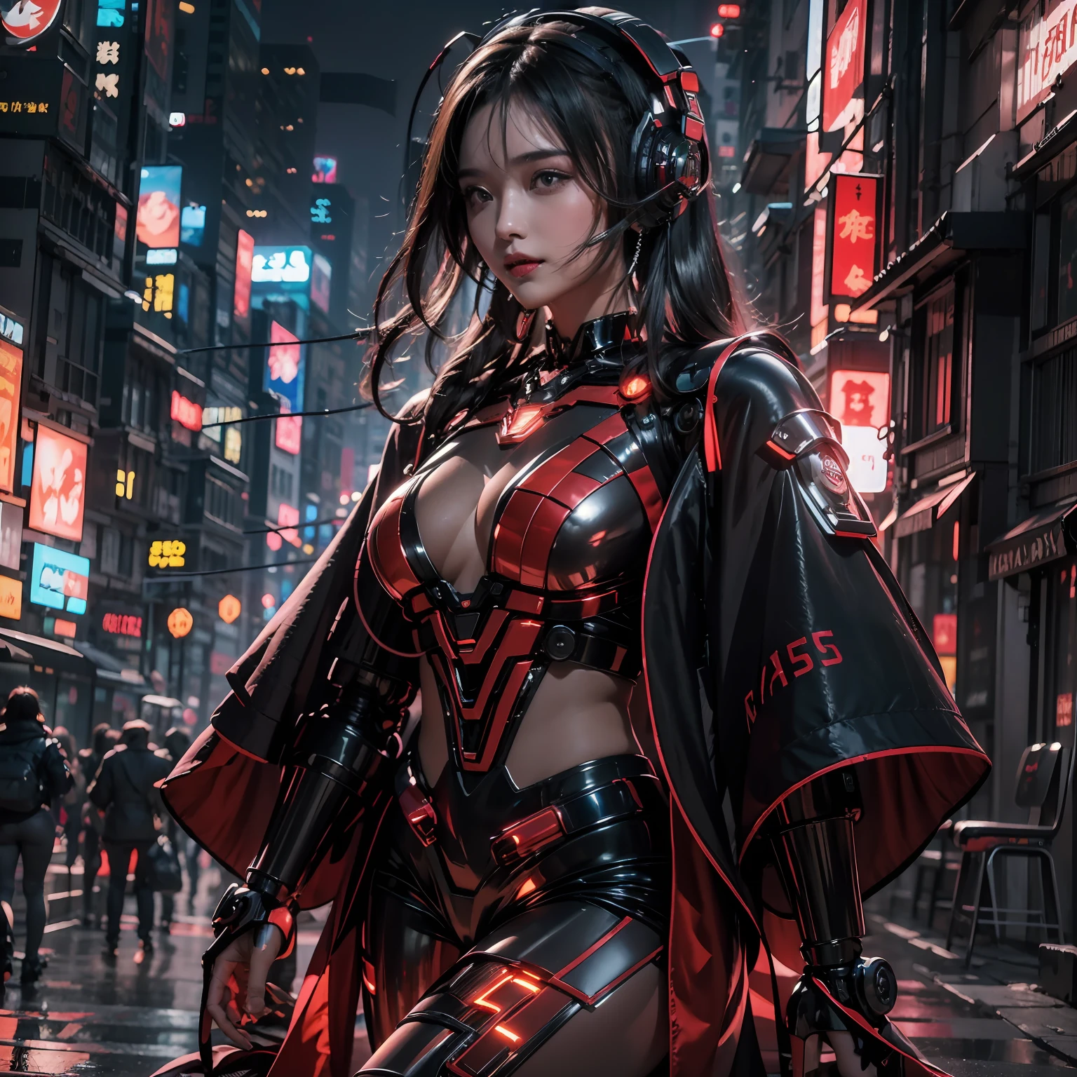 1 rapariga, Chinese_clothes, Metallic black titanium and deep red,(Full body photo), Cyberhanfu, on cheongsam, Cyberpunk-city, Details illuminated headphones, luminous hair ornaments, long whitr hair, Luminous earrings,Glowing necklace,a high-tech city, full of machinery and futuristic element, luminous neon lights,red colour,Red light,Black cape,Laser light,Best quality at best,tmasterpiece,8K,Character edge light,hyper-high detail,high qulity,The most beautiful woman in man,ssmile,The face is symmetrical to the left and right facing the front,Ear corner decoration,The long antenna emits light,Ultra-detailed facial texture,cheerfulness,Weapons systems,mechs,Head-mounted light-emitting antenna,Deep eyes,Maiden sitting