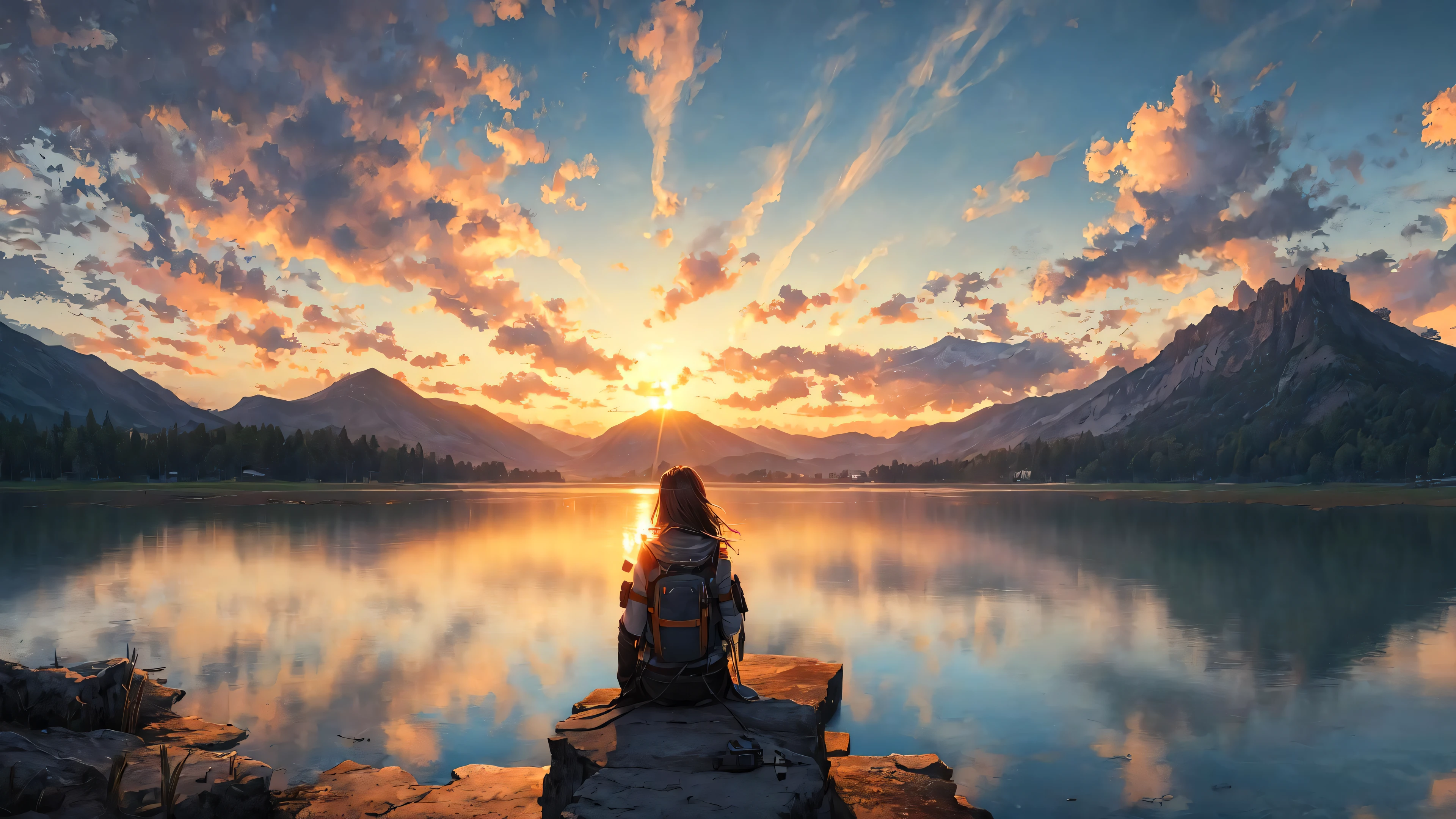 (masterpiece, best quality:1.2), ultra detailed, cinematic lighting, HDR, ilustration, sunrise, lake, impressive, chill, inspirational,