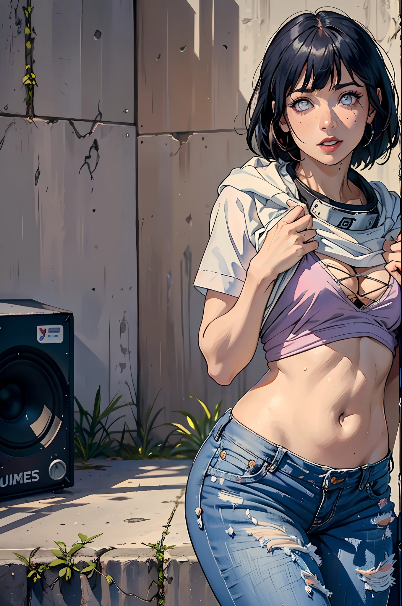 (Hinata Hyuga, muito sensual, com roupas de funkeira, brasileira, rio de janeiro, dancing funk, rebolando, bunda grande, pernas grossas, usando um short jeans extremamente curto, usando uma mini blusa, umbigo com pirsing, sneakers Nike, cabelo grande, Speaker behind, corpo inteiro, muito realista, extremamente sexy, 8k, 8k extremamente detalhado), (um extremamente delicado e bonito), (obra-prima), (melhor qualidade: 1.0), (ultra highres:1.0)