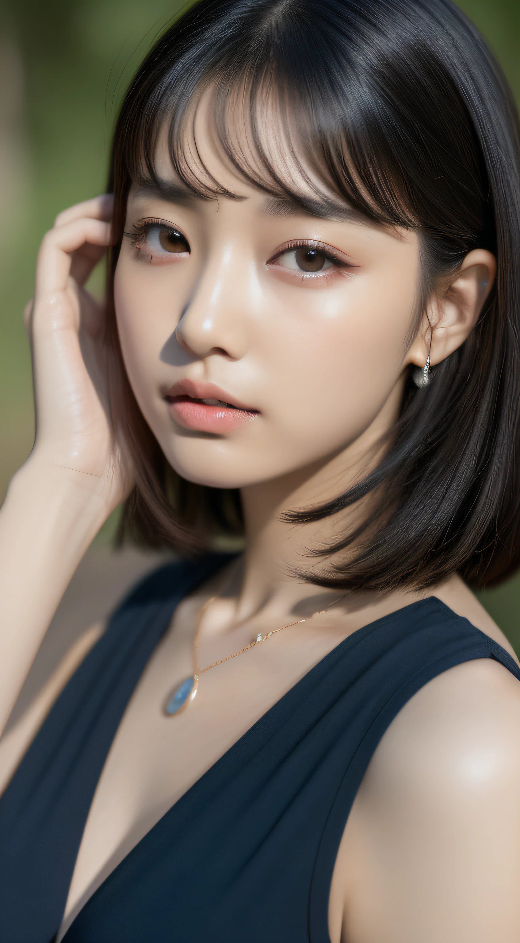 (8K、Raw photography、top-quality、masterpiece:1.2)、(realisitic、Photorealsitic:1.37)、ultra-detailliert、超A high resolution、(Solo Japan Women)、18 Year Old Woman、(with round face)、long eyeslashes、Beautiful black eyes、natural make up、large full breasts、Blue Color Dresses、(very short bobbed hair)、a necklace、Poses in motion