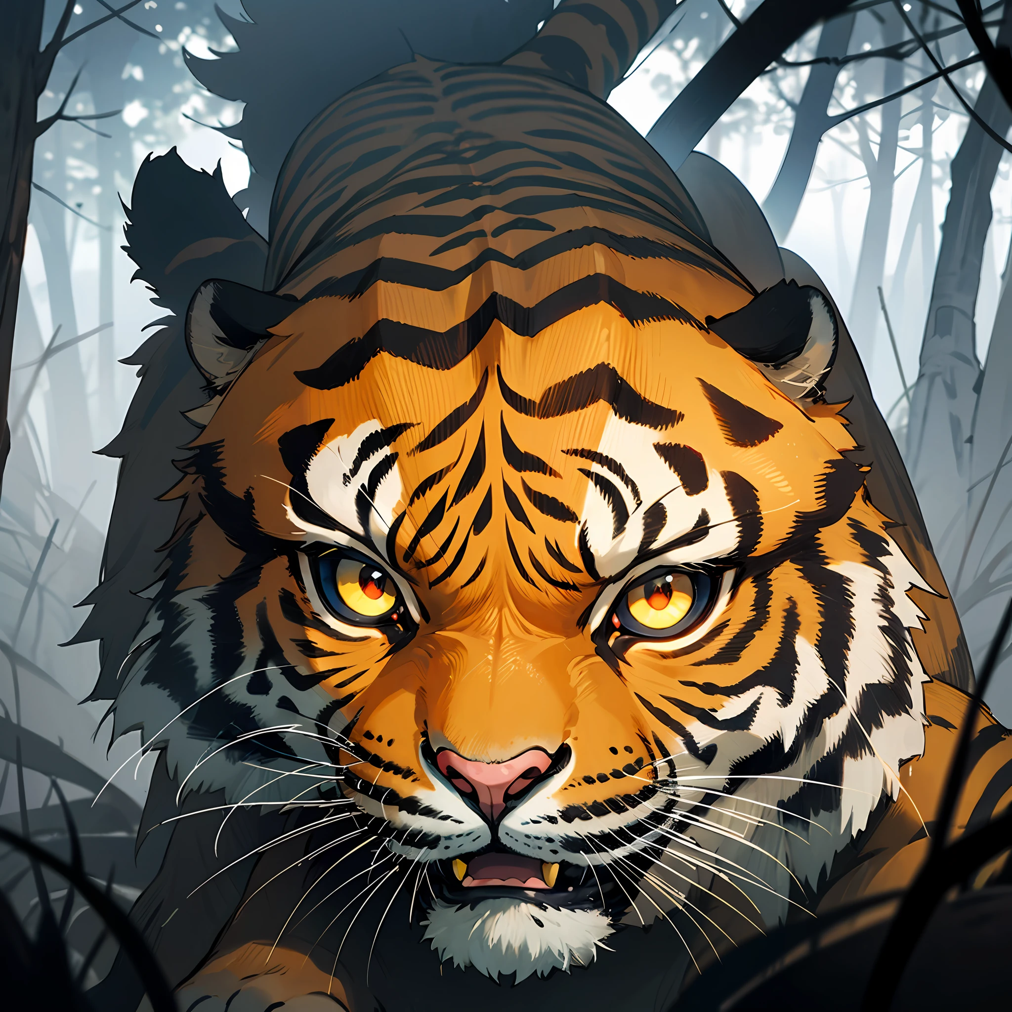 closeup a tiger in a dark forest, red glowing eye, black and yellow stripe in body, thunderstorm atmosphere, 4k photo 3d, ultra HD