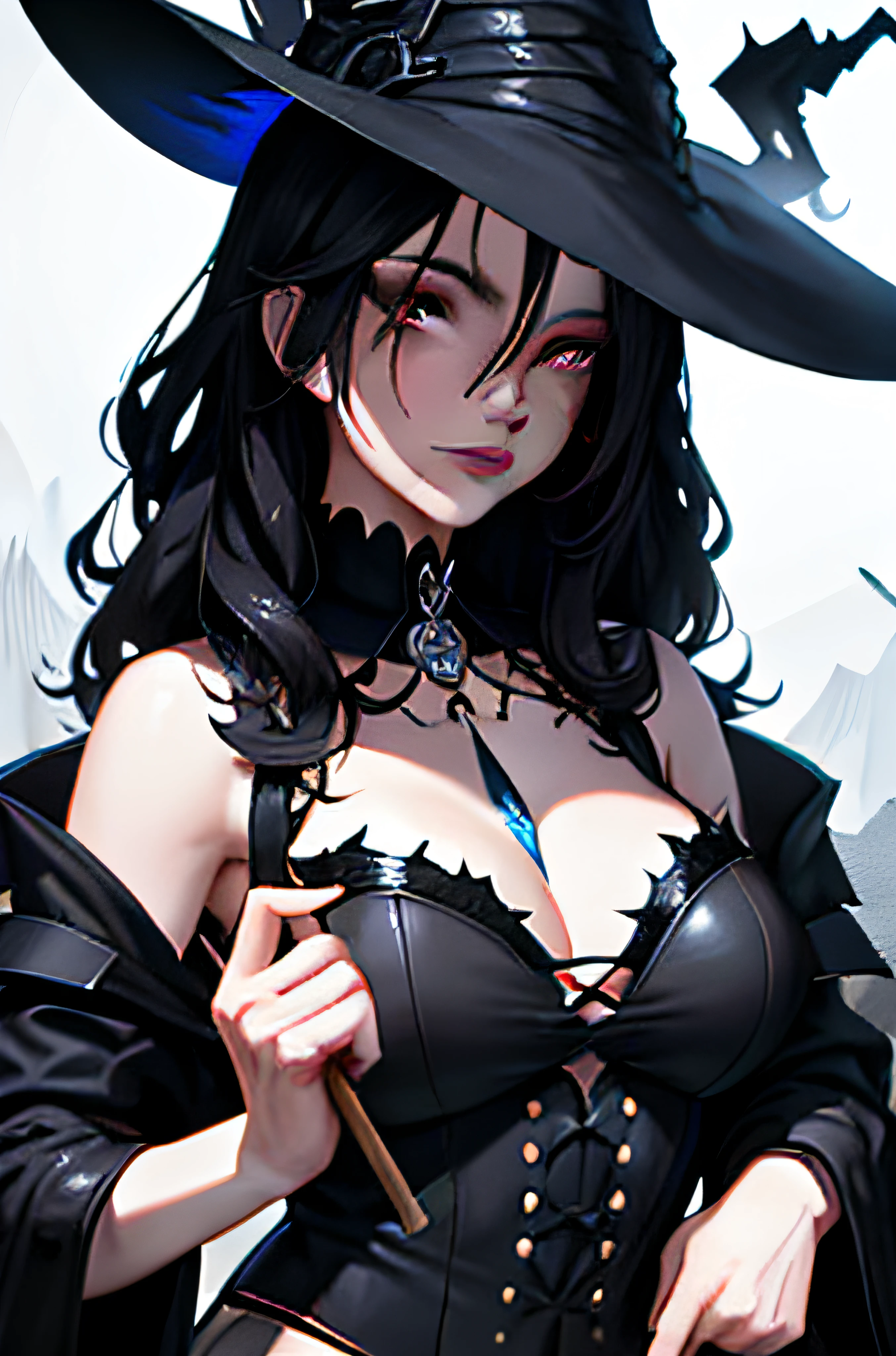 witch with black hair and black hat holding a blue toothbrush, fashionable dark witch, artwork in the style of guweiz, 8k high quality detailed art, dark witch character, digital anime illustration, black - haired mage, commission for high res, witch girl, detailed digital anime art, [ 4 k digital art ]!!, portrait of a dark witch