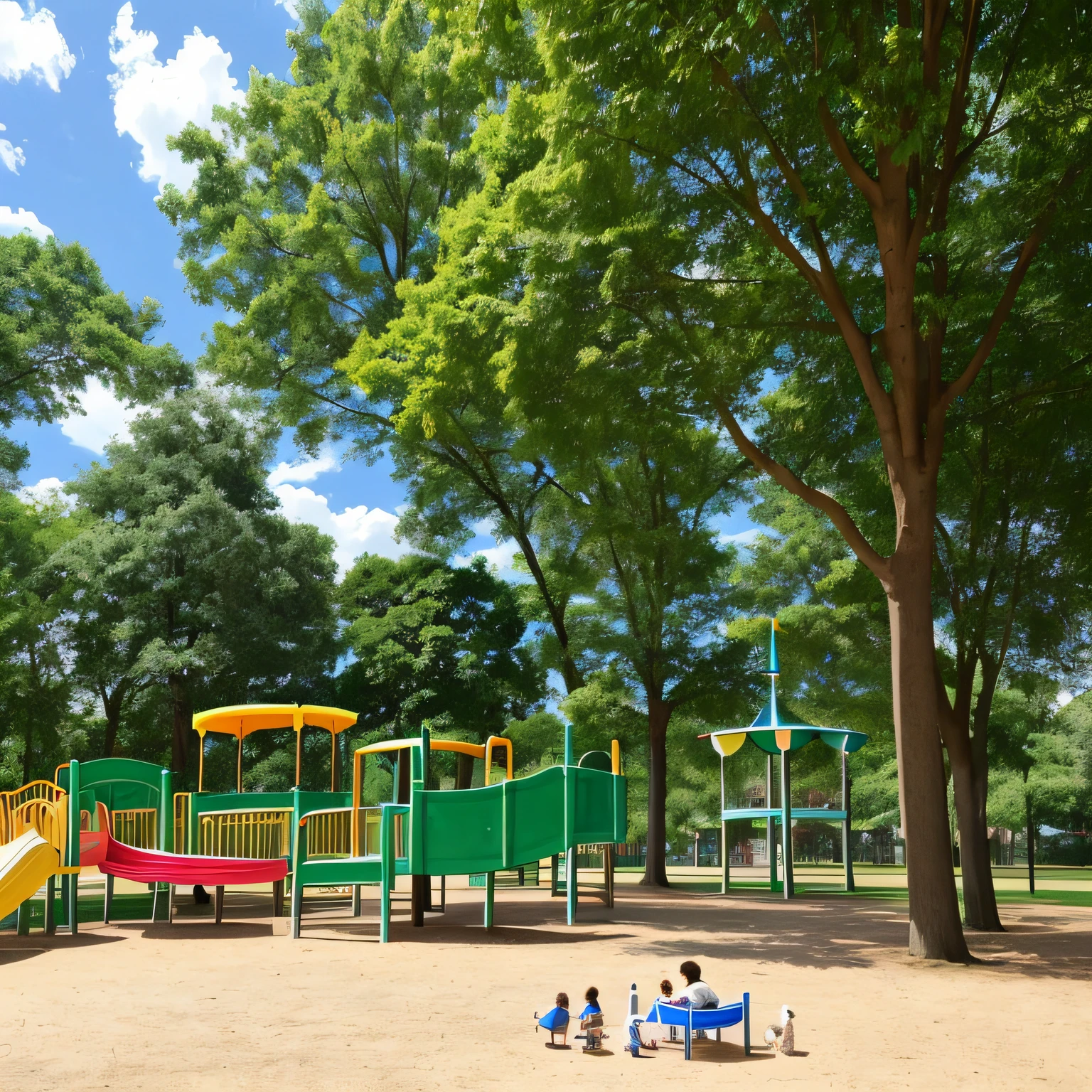 There is a puppy，Play with other puppies in the park，There are trees in the park，Swimming pool，There are small children，There were old people，There are flowers, birds, and blue skies and white clouds，the Sun Shining，The children laughed a lot，There are also amusement rides，You can play on the slide and swing --auto