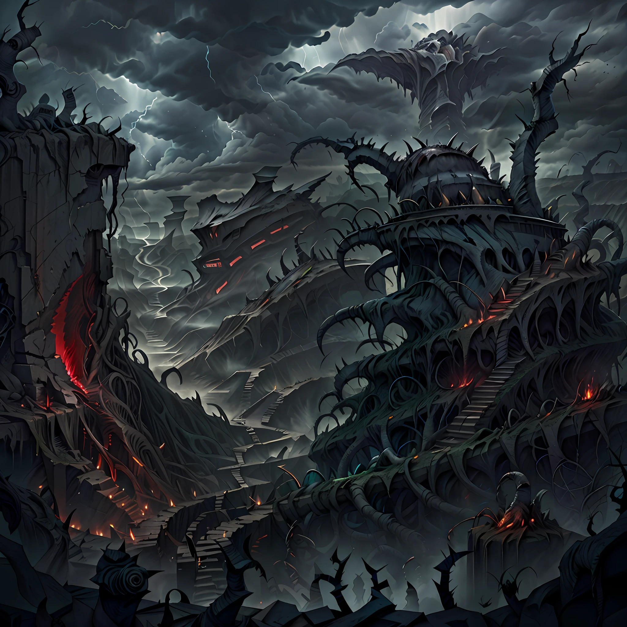 Extreme cracked open in the ground, Valley of madness in background. Thorns, chaos, devastation, dramatic cloudy sky. Horror art, unreal engine, sketch color drawing.