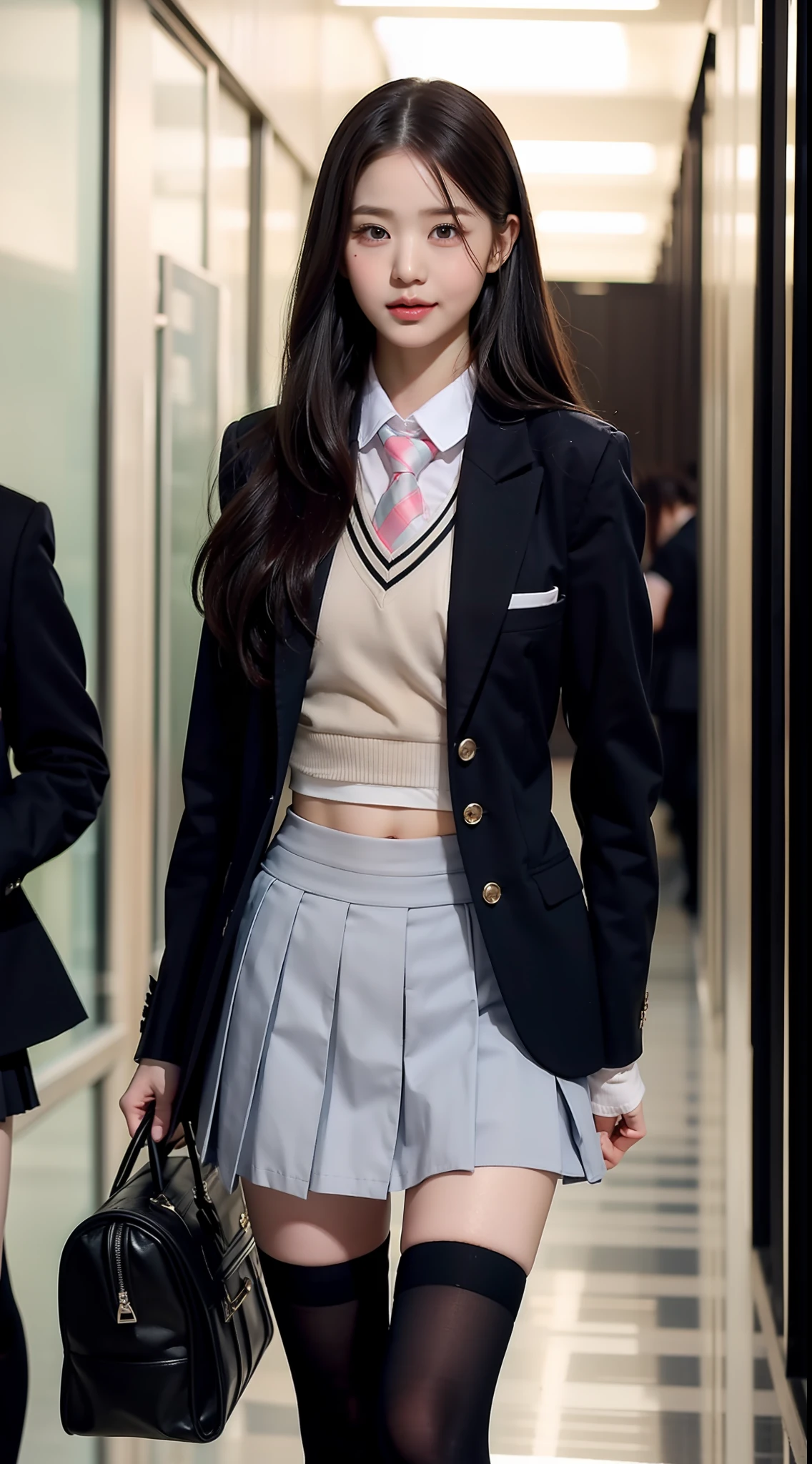 top-quality、​masterpiece、1 ***********、A slender、length hair、small tits、Blazer Uniform、hyperdetailed face、Detailed eye、二重まぶた、pleatedskirt、knee high socks、full bodyesbian、Beautiful abs、a navel、Girl walking in school hallway、Black shoes