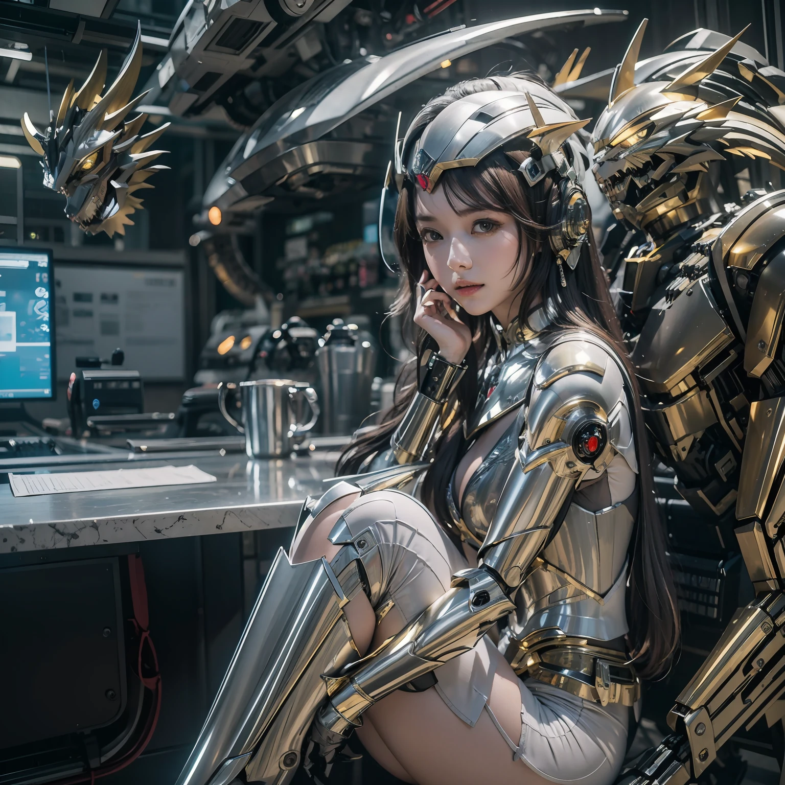 1girll,Big eyes,Perfect facial features,With a mecha helmet,mechs,Photorealsitic,Metallic,sitting on a stool,eyes looking at the lens,Lips slightly open,There is a mecha dragon behind him,Dragon,best qualtiy,c4d渲染,rendering by octane,Cinematic quality,tmasterpiece,16k