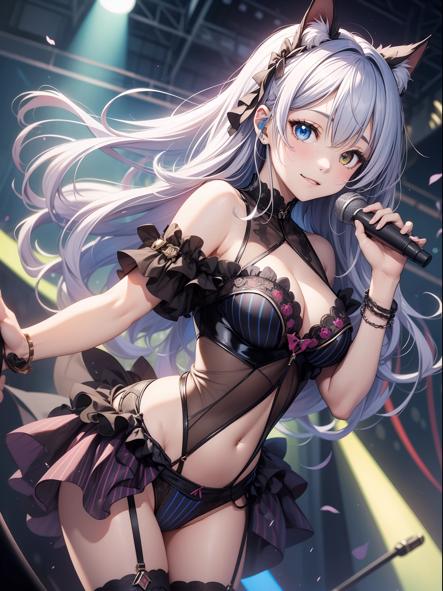 absurderes、ultra-detailliert、masterpiece、top-quality、BREAK、Official art、(Beautifully Aesthetic:1.2)、(watercolor paiting:Curly)、BREAK、Devilish Pretty Girl 1.2、a beauty girl、(kawaii:⒈3)、sixteen years old、BREAK、(((split-colored hair:1)))、BREAK、((Random haircolor:1.4))、(variegated striped hair:1.5)、((Random hairstyle))Splash、(フラクタルアート1.3)、BREAK、Cat's ears、A sexy、(Cat gloves、Fluffy hands)、BREAK、Like a cat's paw、Short socks、humanoide、BREAK、((Idol Costumes、Love Live Costume))BREAK、((heterochromia iridis、BREAK、Variegated eyes))、BREAK、from the front side、Look at viewers、BREAK、((AI Concert:1.4))、BREAK、AI Live Stream、BREAK、Lighting with neon glow、Shyness、tension、red blush、Happy smiling face、BREAK、Professional stage、BREAK、profetional lighting、BREAK、(Stick your butt out and sing)、BREAK、(On stage)Hold the microphone with your left hand((Standing))sings:1.2、(Cute Panty Shot Figure:1.4)、Cute embroidered string panties、AI Monitor