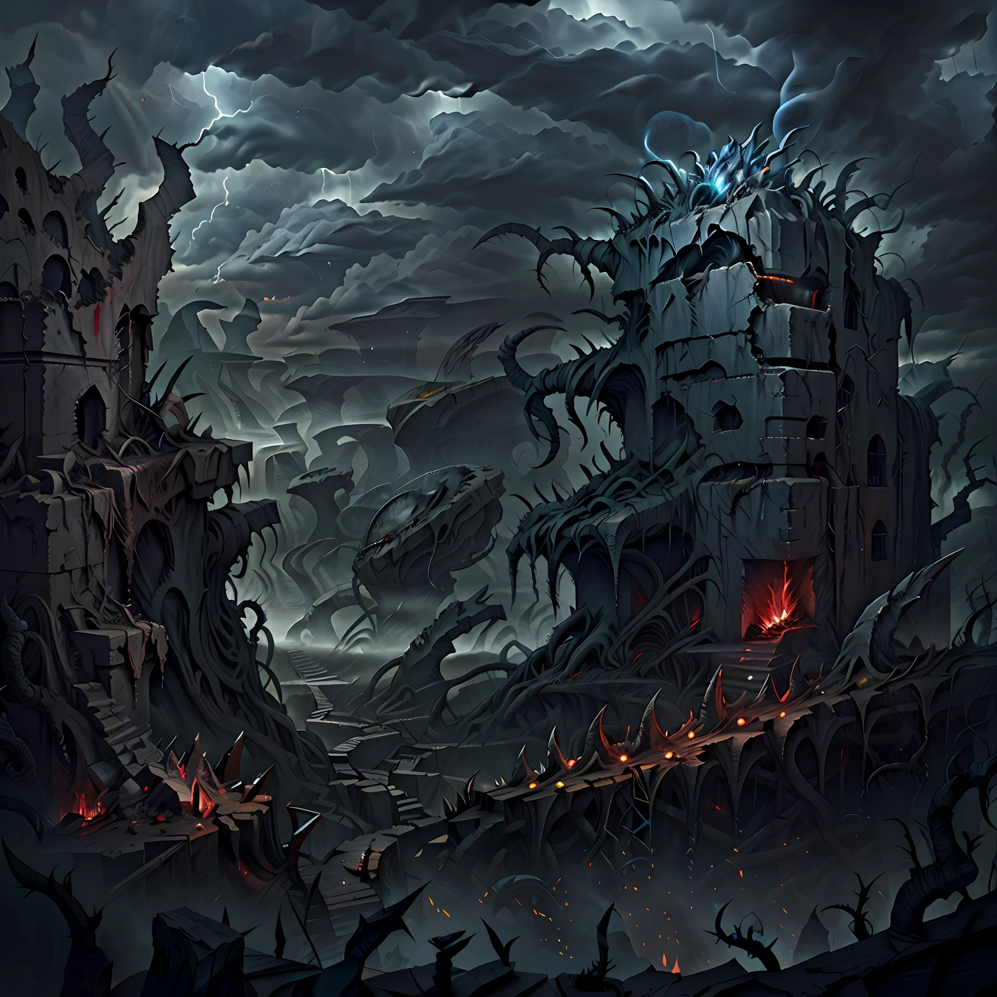 Extreme cracked open in the ground, Valley of madness in background. Thorns, chaos, devastation, dramatic cloudy sky. Horror art, unreal engine, sketch color drawing.