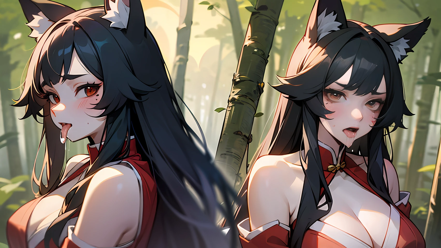 a stunningly beautiful young woman is mid-transformation into a werewolf as an alpha wolf takes her from behind, (werewolf:1), furry,, from behind, grab arms, (masterpiece:1.2), (best quality:1.2), (extremely detailed:1.2), (extremely detailed face), (detailed background), (ultra detailed), 8k, 1girl, big breasts, ah1, facial mark, multiple tails, fox tails, red korean clothes, bare shoulders, black hair, ulzzang-6500-v1.1, painful expression, mouth open, dripping saliva from mouth, in the forest, under a full moon --auto --s2