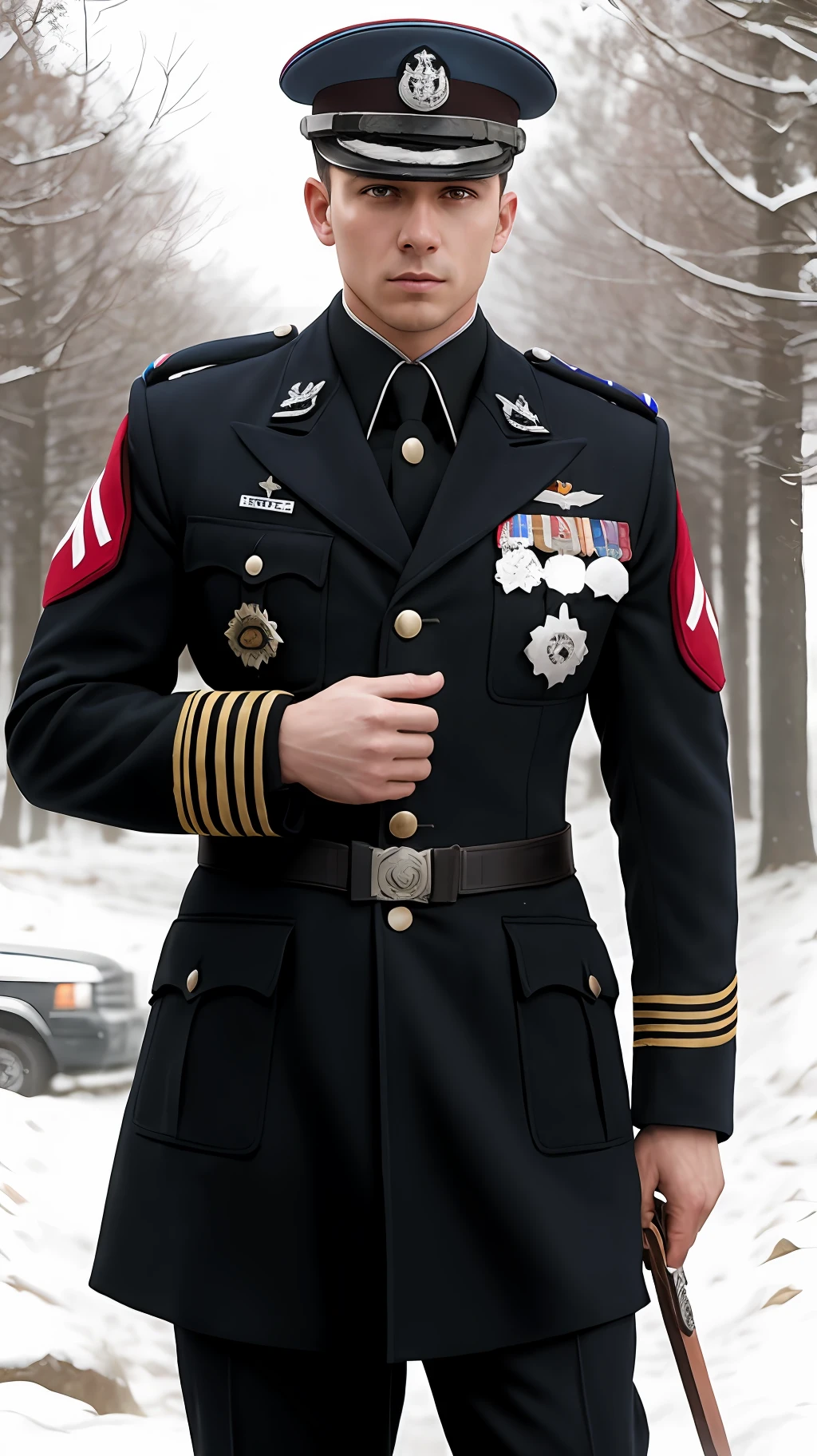 A handsome army soldier in a white uniform in a blizzard, foco nítido, Studio photo, detalhes intrincados, altamente detalhado, profundidade de campo, foco nítido, High detail, textura de pele realista, Realistic, fotorrealista, Arte Digital, tinta escura, Directed by: Greg Rutkowski