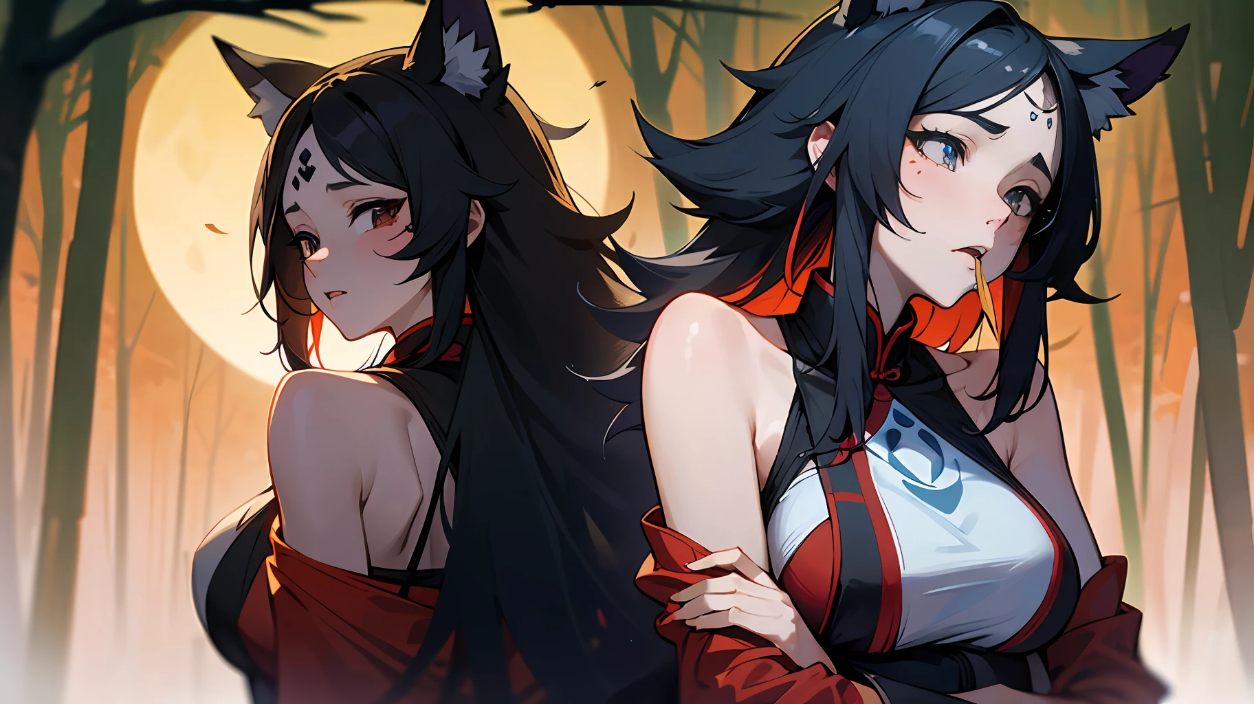 a stunningly beautiful young woman is mid-transformation into a werewolf as an alpha wolf takes her from behind, (werewolf:1), furry,, from behind, grab arms, (masterpiece:1.2), (best quality:1.2), (extremely detailed:1.2), (extremely detailed face), (detailed background), (ultra detailed), 8k, 1girl, big breasts, ah1, facial mark, multiple tails, fox tails, red korean clothes, bare shoulders, black hair, ulzzang-6500-v1.1, painful expression, mouth open, dripping saliva from mouth, in the forest, under a full moon --auto --s2