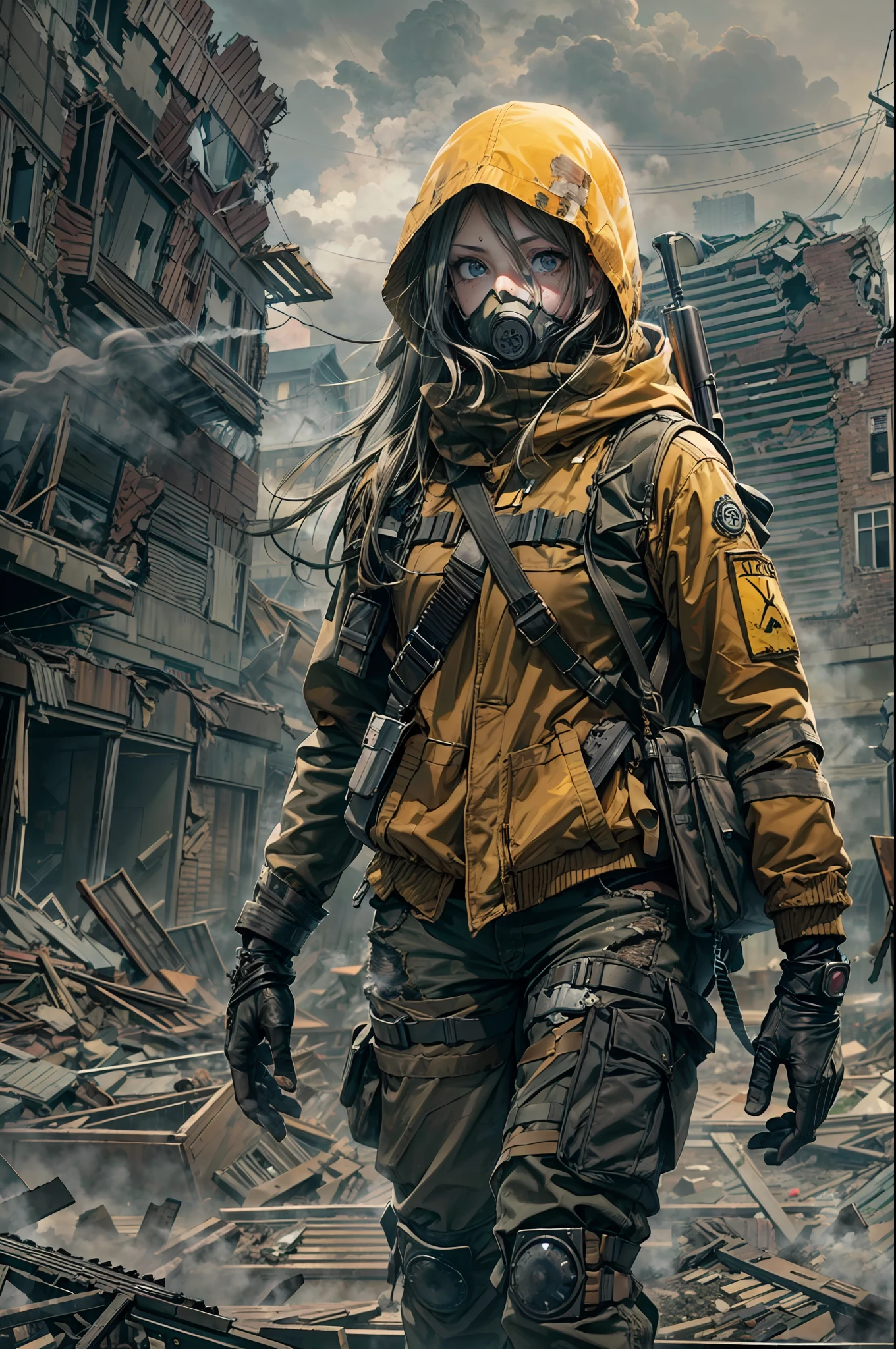 masterpiece, best quality, high resolution, rich details, 8k, extreme light and shadow, image of a beautiful young girl wearing tactical gear, holding a AK47 with two hand, walking down a desolated street in a collapsed city, post apocalypse, smoke and fog in the air, BREAK yellow gray sky covered with toxic cloud, collapsed building, broken street, tall body, detailed face, detailed eye, cold face, dirty, (post apocalypse theme),